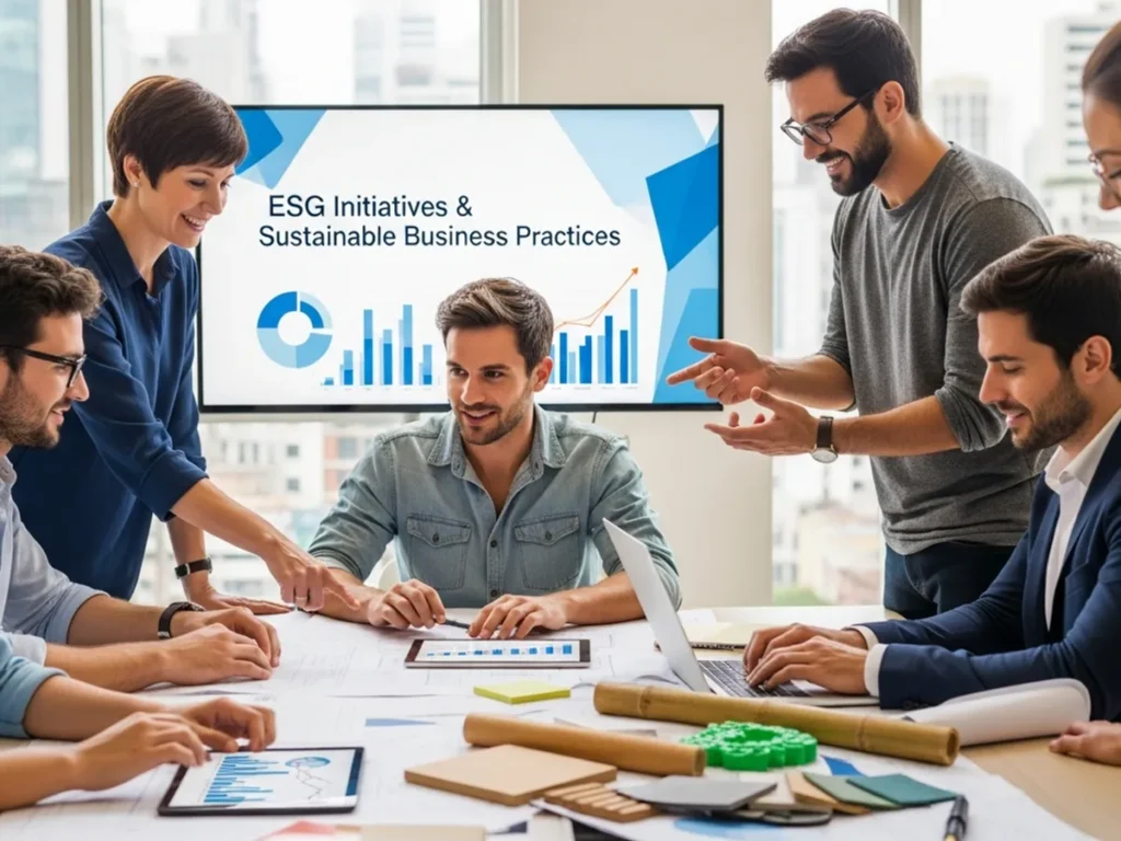 A diverse team collaborates on ESG Initiatives & Sustainable Business Practices during an ESG training program, reviewing charts and graphs as part of their ESG career development.