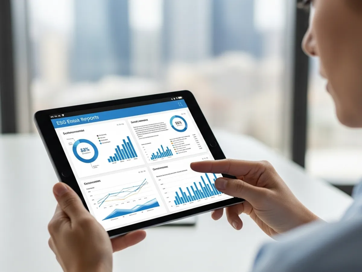 Close-up of a person holding a tablet displaying ESG entail reports with various charts and graphs, showcasing data-driven insights for sustainable business practices.