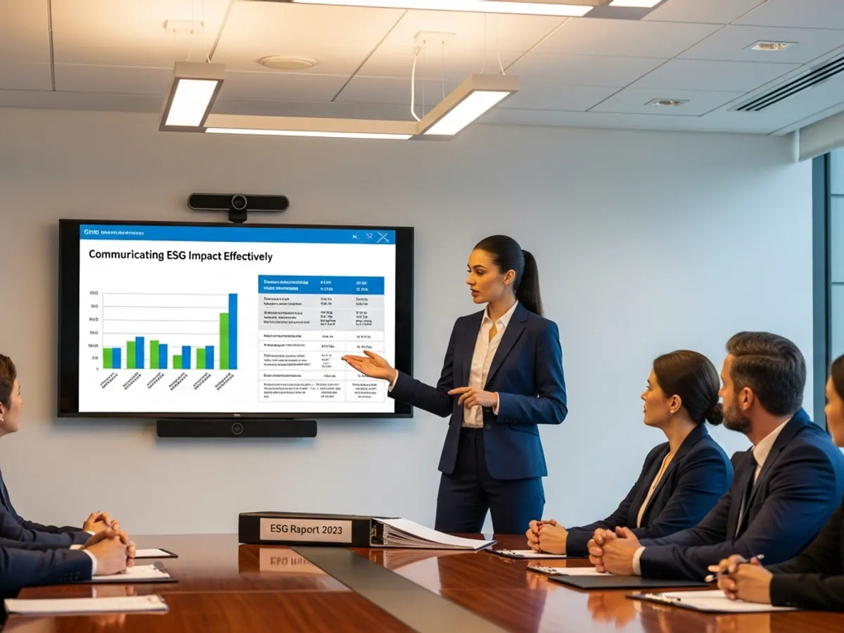 A woman presenting 'Communicating ESG Impact Effectively' to colleagues in a boardroom, part of an ESG compliance training and ESG reporting course.