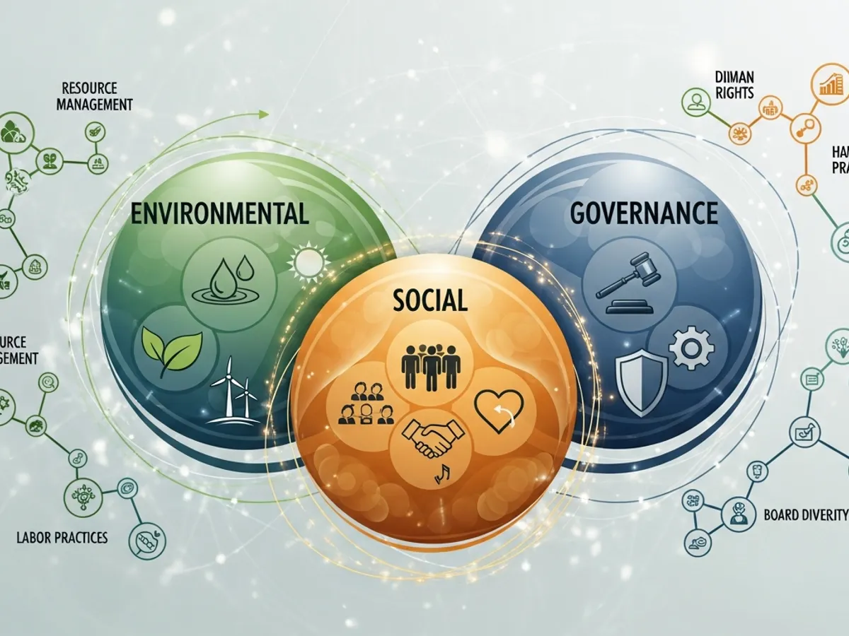 An illustration representing the three pillars of ESG: Environmental (resource management, etc.), Social (community, labor practices, etc.), and Governance (human rights, board diversity, etc.).