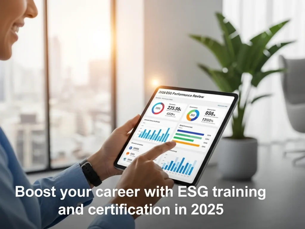 A person smiles while looking at a tablet displaying a '2025 ESG Performance Review' dashboard, highlighting the benefits of ESG training and certification courses for career advancement.