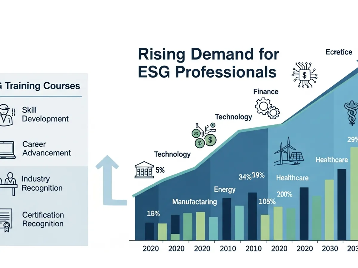 A graph illustrates the rising demand for ESG professionals across various sectors like finance, technology, healthcare, and manufacturing, indicating the growing importance of ESG training courses and ESG certification courses.