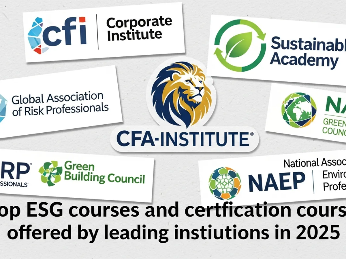 Logos of top institutions offering ESG courses and certification courses, including Corporate Institute, Sustainable Academy, CFA Institute, Global Association of Risk Professionals, and Green Building Council, for ESG training.