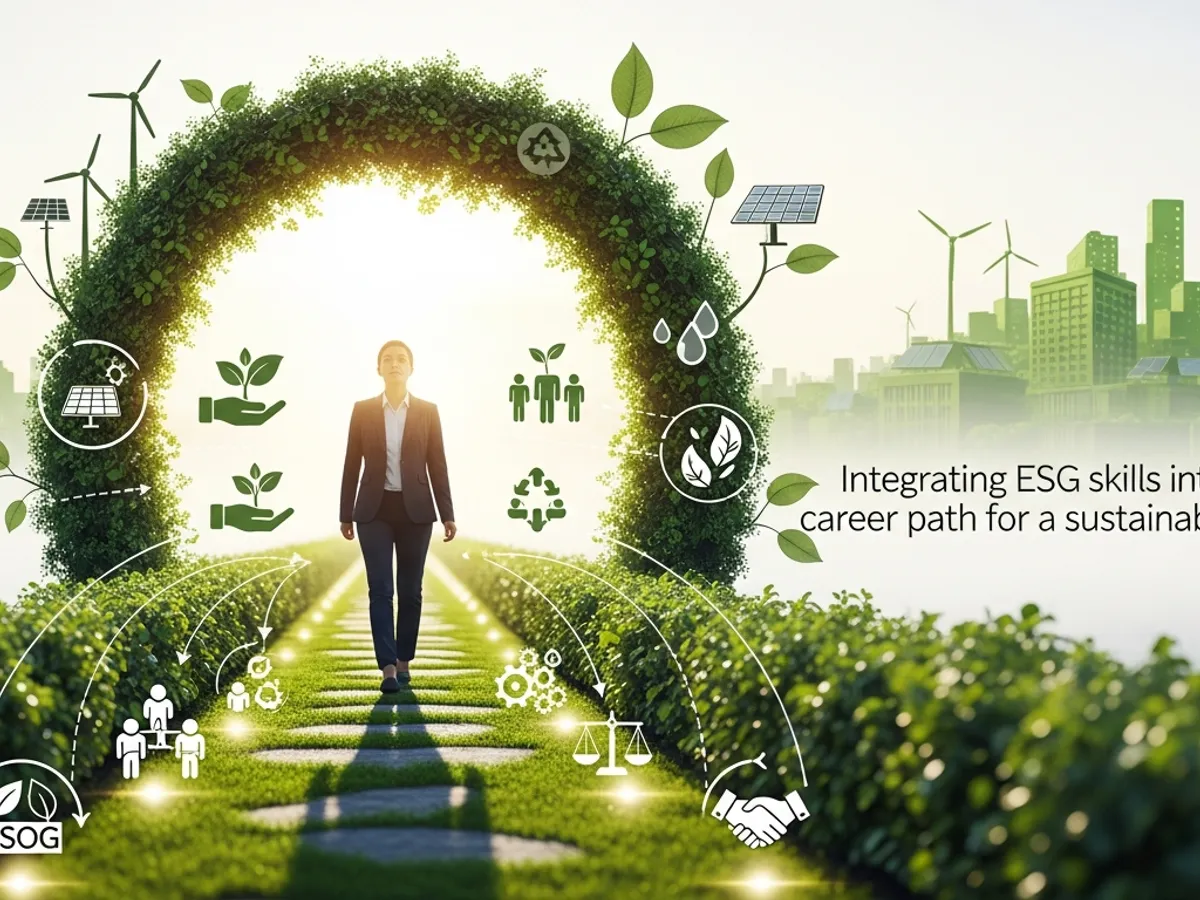 A person walking on a green path towards a city with windmills and solar panels, symbolizing the integration of ESG skills into a career path focused on sustainability through ESG training programs and courses.