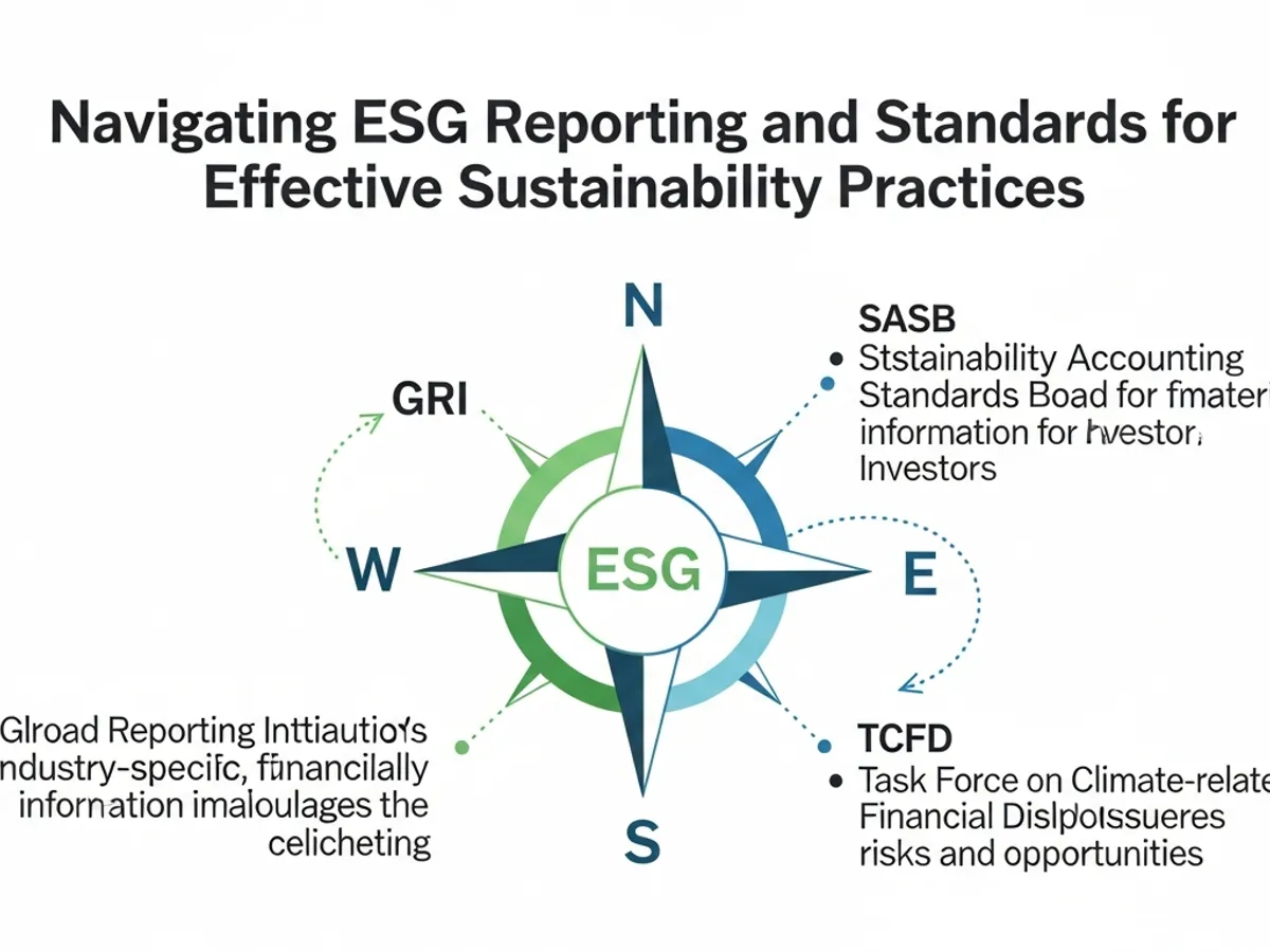 A compass diagram showing the direction of ESG reporting and standards, including GRI, SASB, and TCFD, essential for effective sustainability practices covered in ESG reporting courses and ESG training.