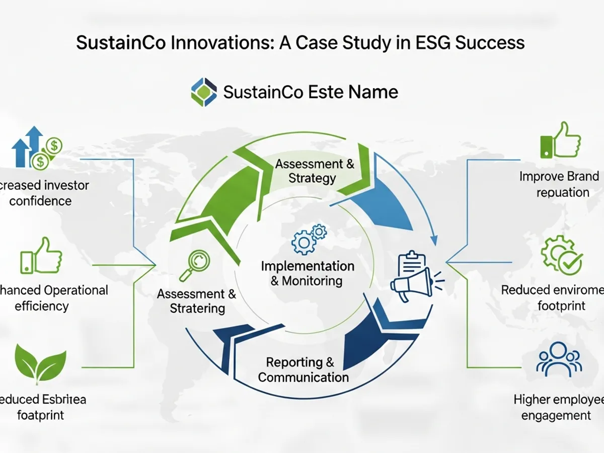 A circular diagram illustrating SustainCo's innovations and ESG success, showcasing assessment, strategy, implementation, monitoring, reporting, and communication, reflecting the principles taught in ESG courses online and ESG training courses.