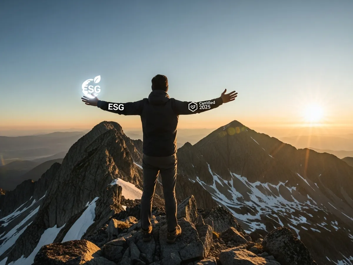 A person standing on a mountain top with arms outstretched towards the sun, symbolizing success with ESG certification in 2025, highlighting the value of ESG training programs and the best ESG courses.