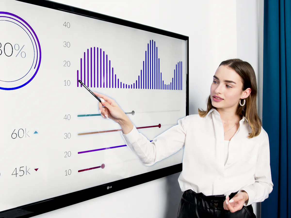 A woman presenting data charts, possibly related to ESG reporting or analysis from an ESG training course.