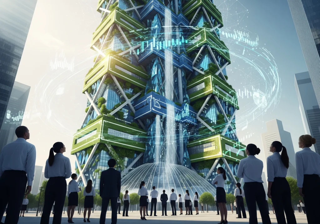 Group looks at modern building with ESG data overlay, showcasing ESG certification impact.