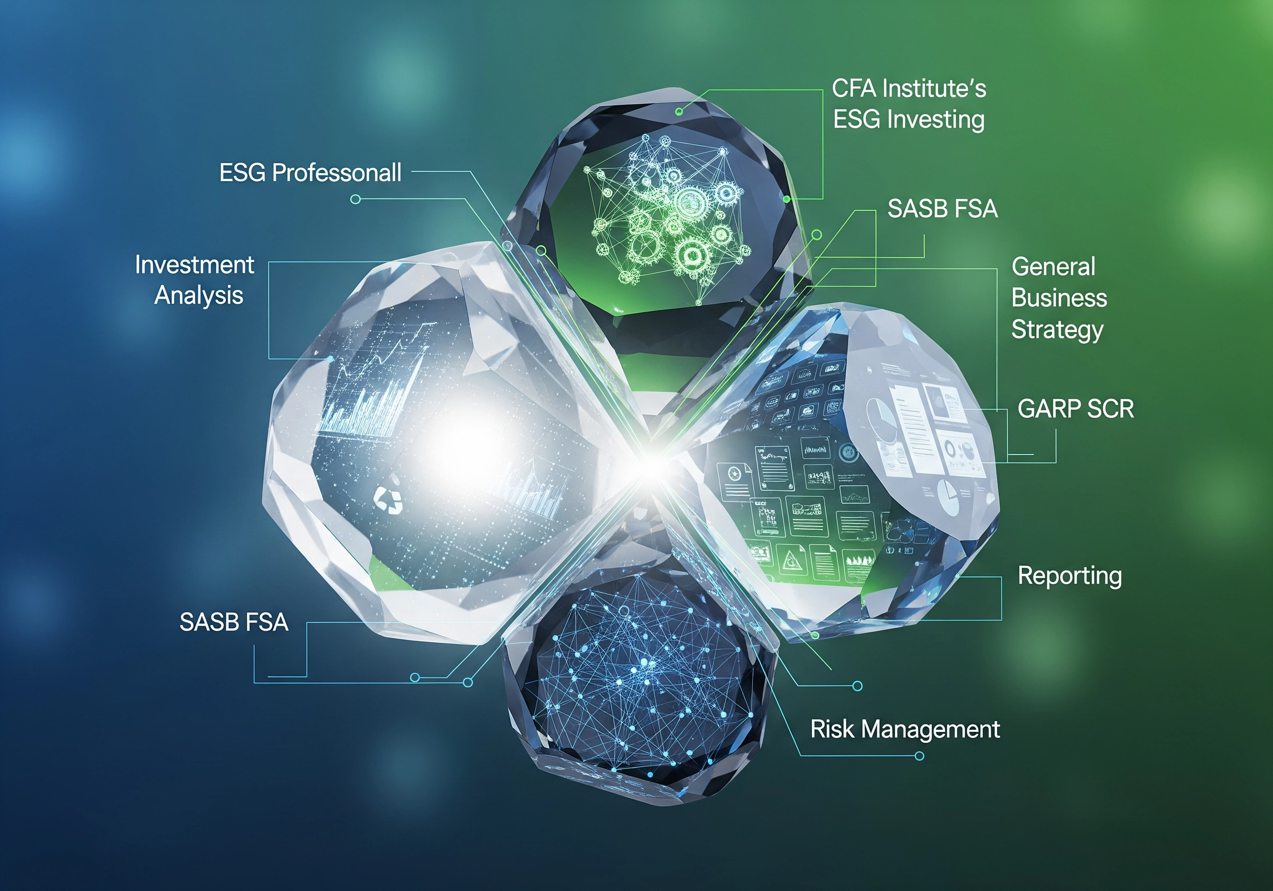 Diagram of ESG factors: investment analysis, risk management, reporting, & CFA ESG investing.