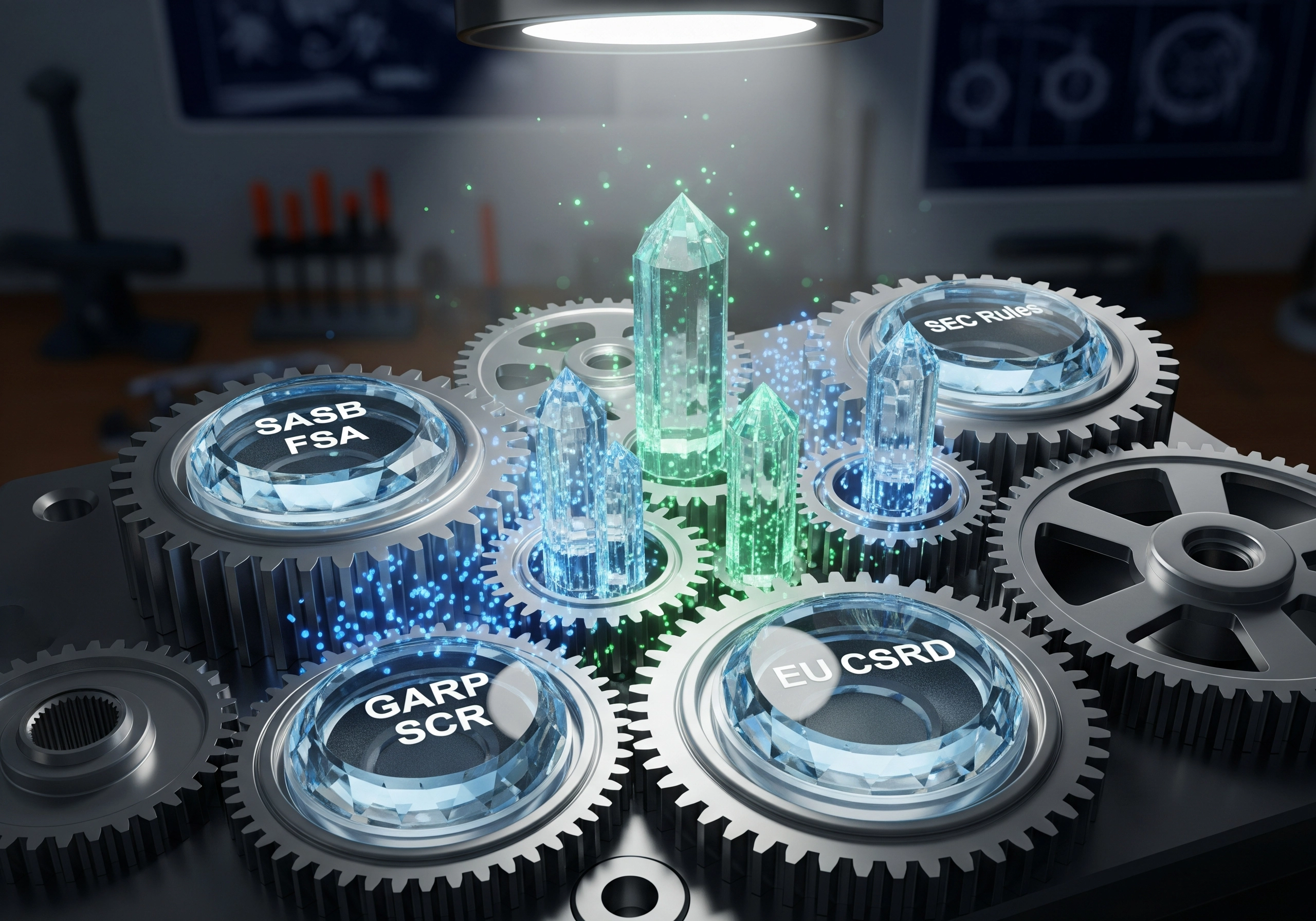 Gears labeled with ESG compliance standards like SASB FSA and EU CSRD.