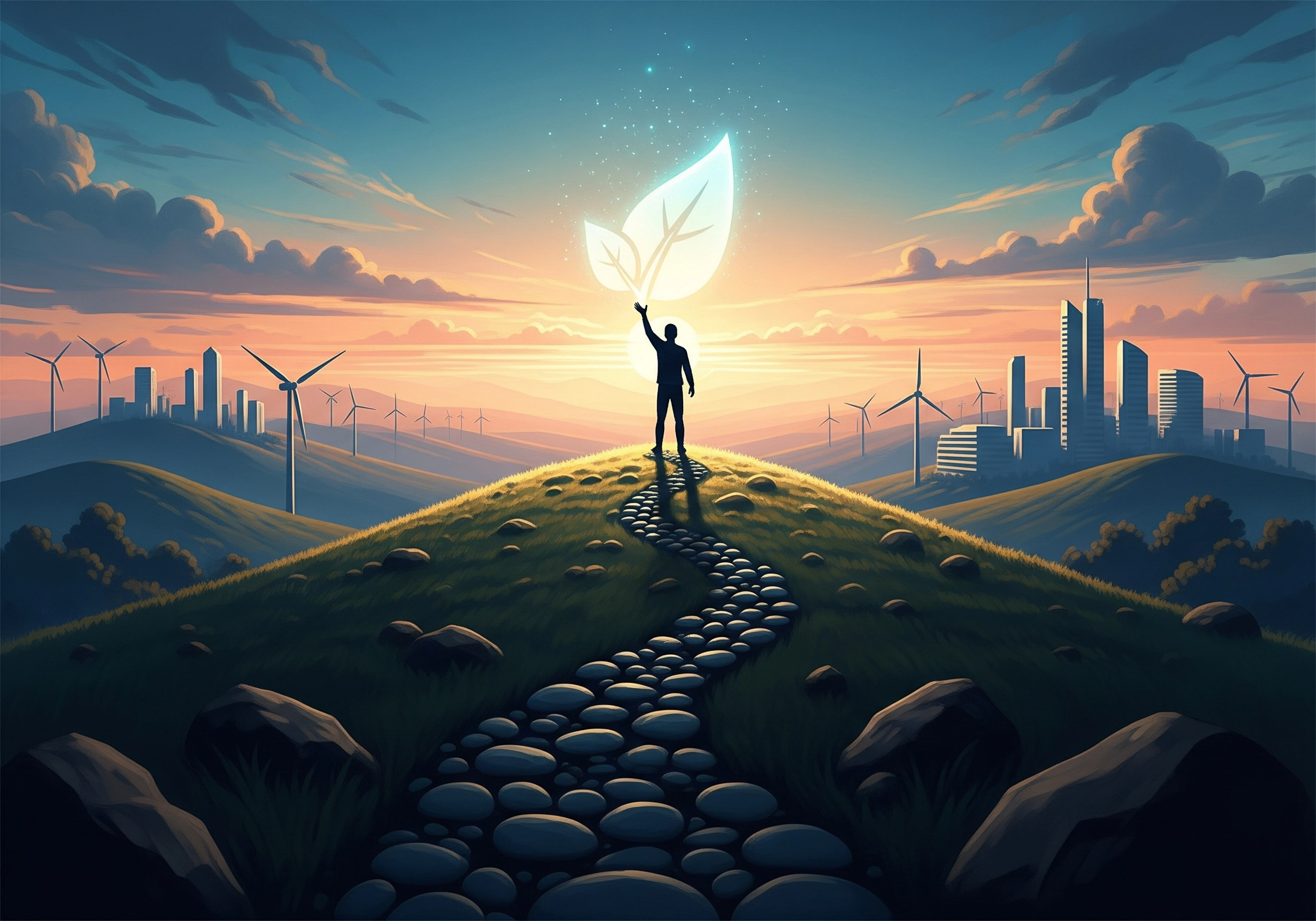 Silhouette of person touching glowing leaf above green ESG cityscape.