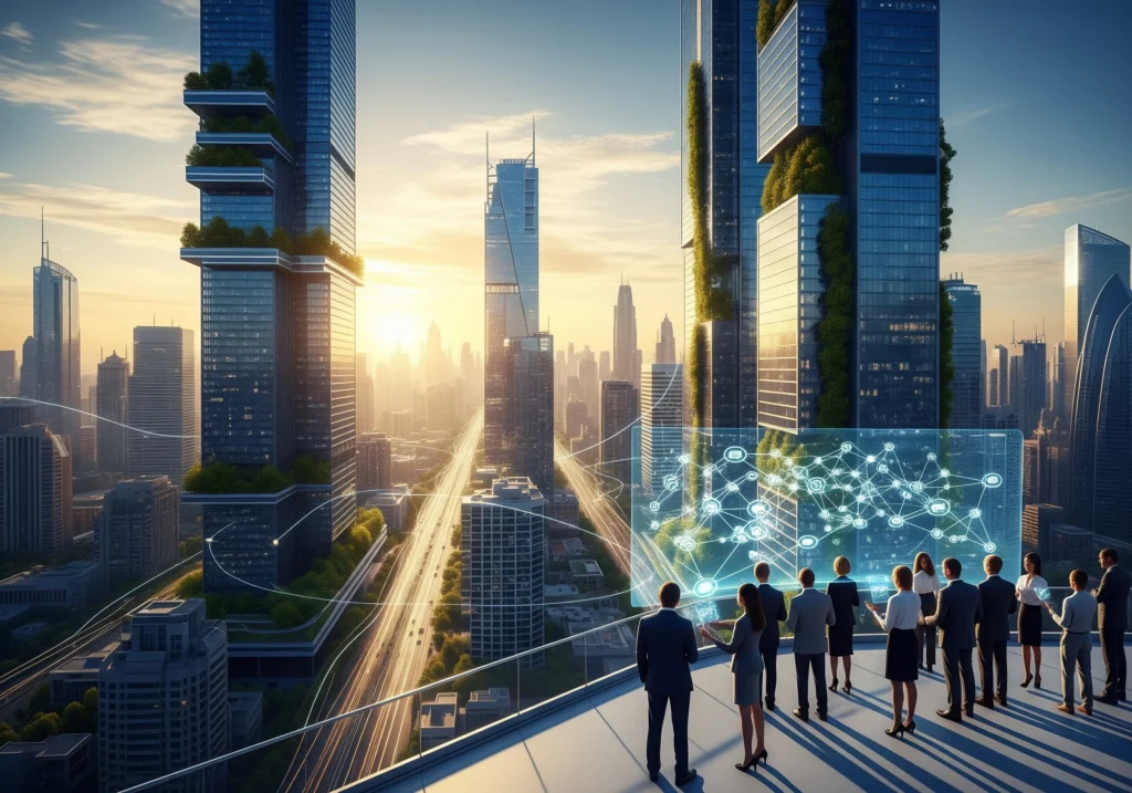 Group views sustainable city skyline, showcasing ESG certification for companies.