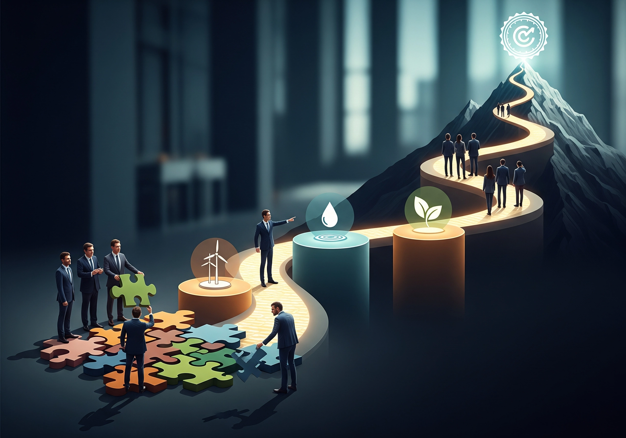People climb a mountain toward an ESG certification goal, representing corporate growth.