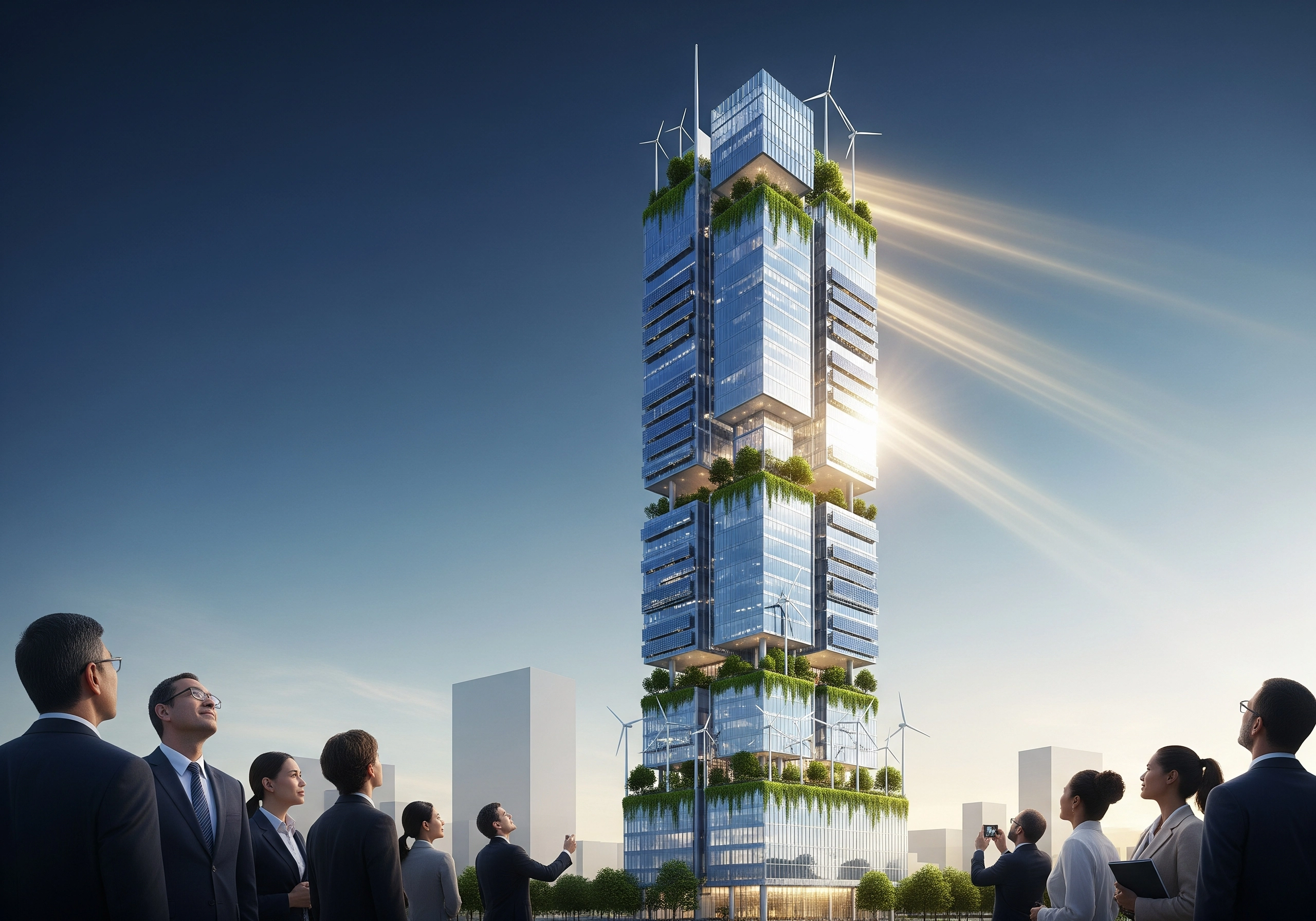 People gazing at a modern, sustainable building, reflecting ESG investing certification.