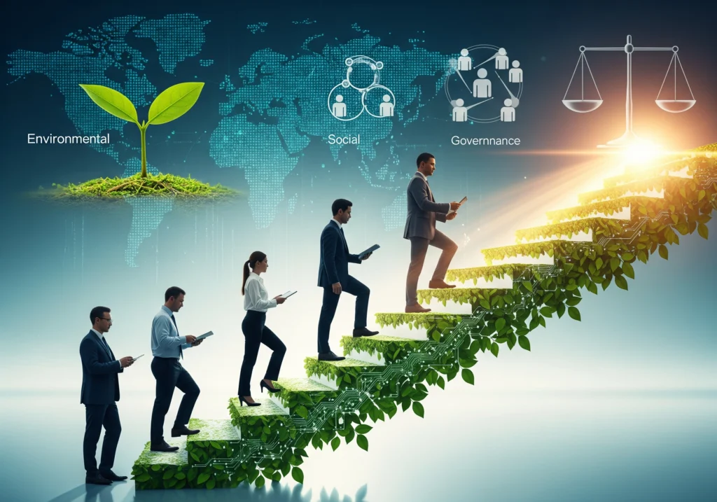 Business professionals climbing ESG steps: environmental, social, governance for ESG certification.