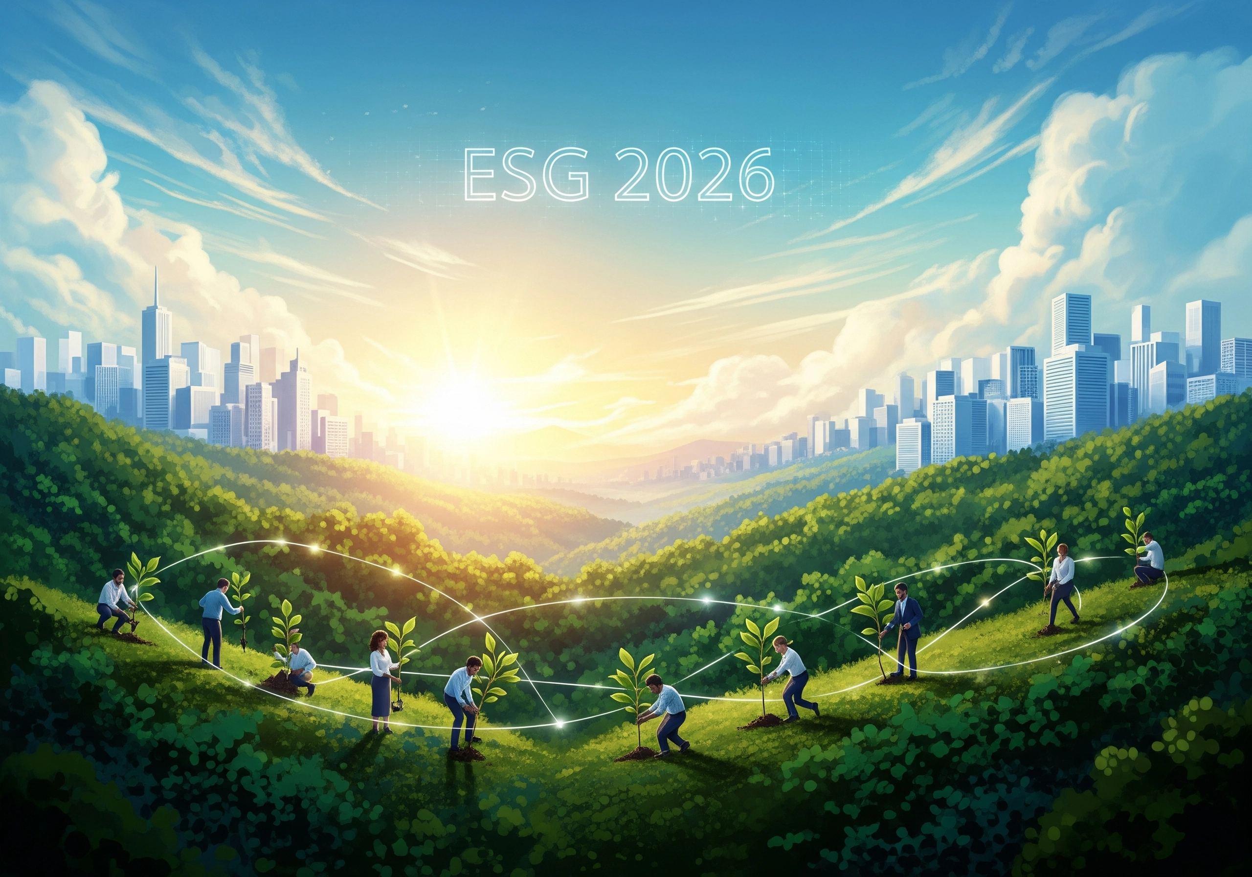 People planting trees with 'ESG 2026' in sky, envisioning a sustainable future landscape.