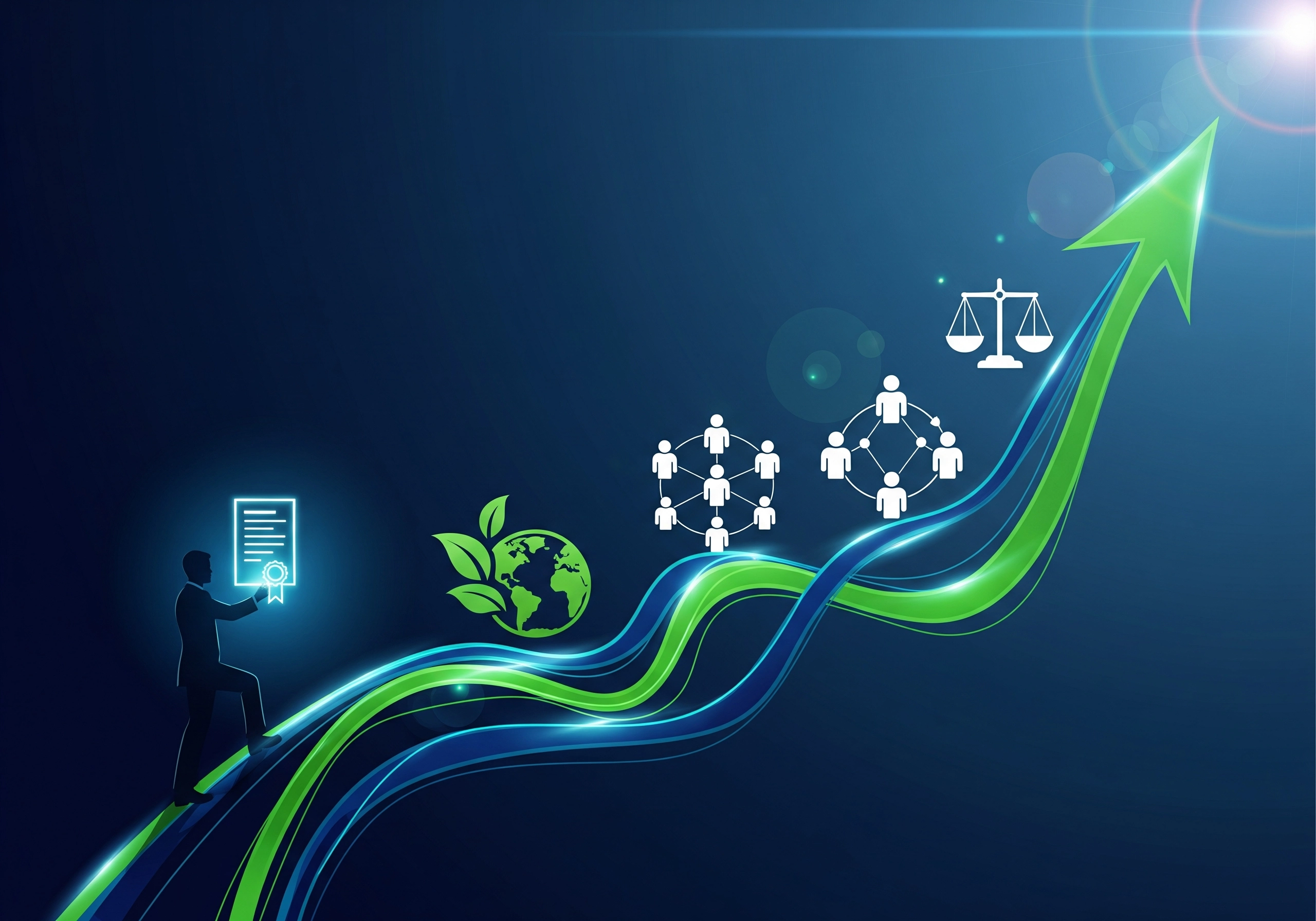 Silhouette climbing green ESG arrow showing certificate, environment, social impact, governance growth.