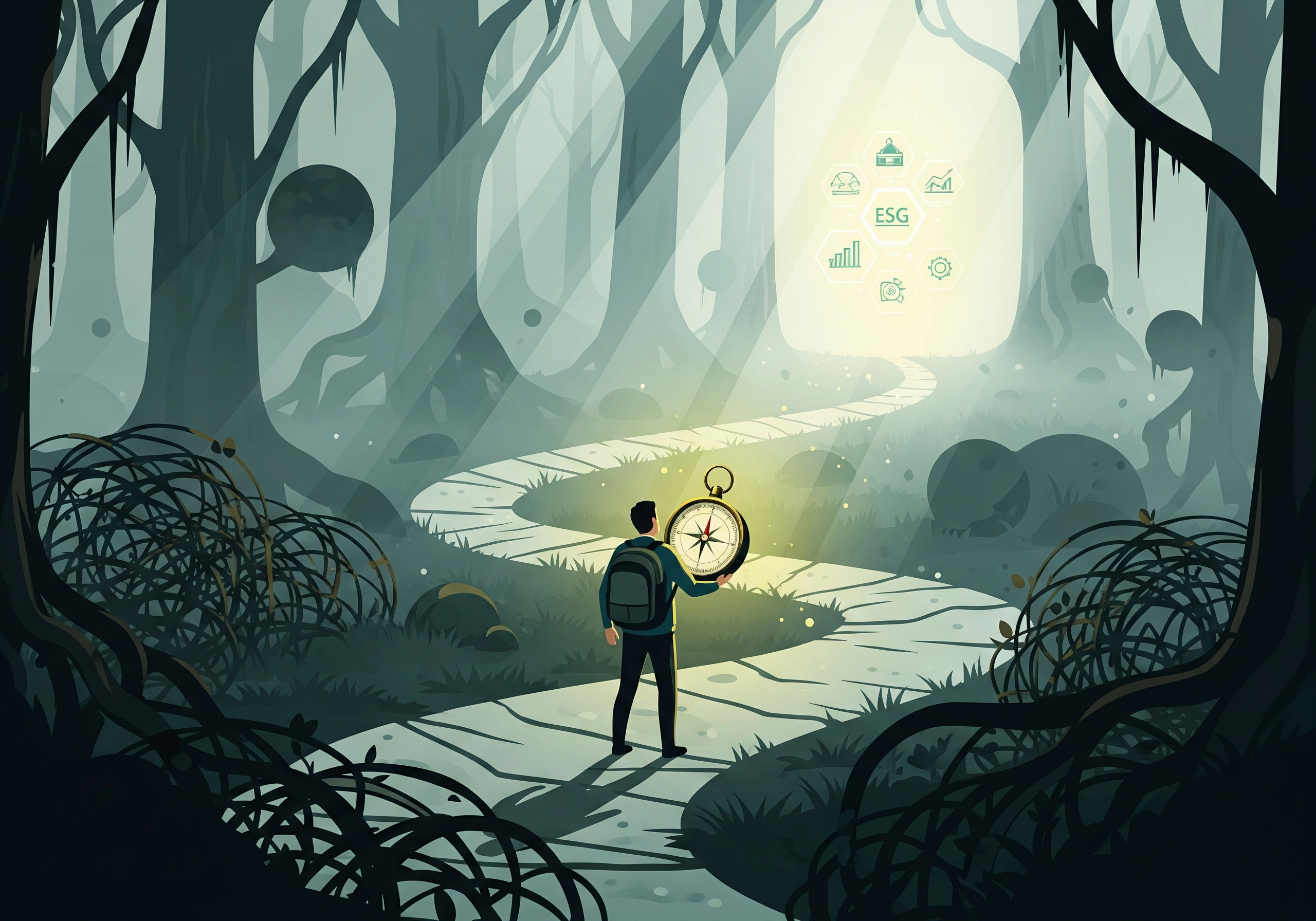 Person with compass on path to ESG icons, symbolizing the ESG certification process.