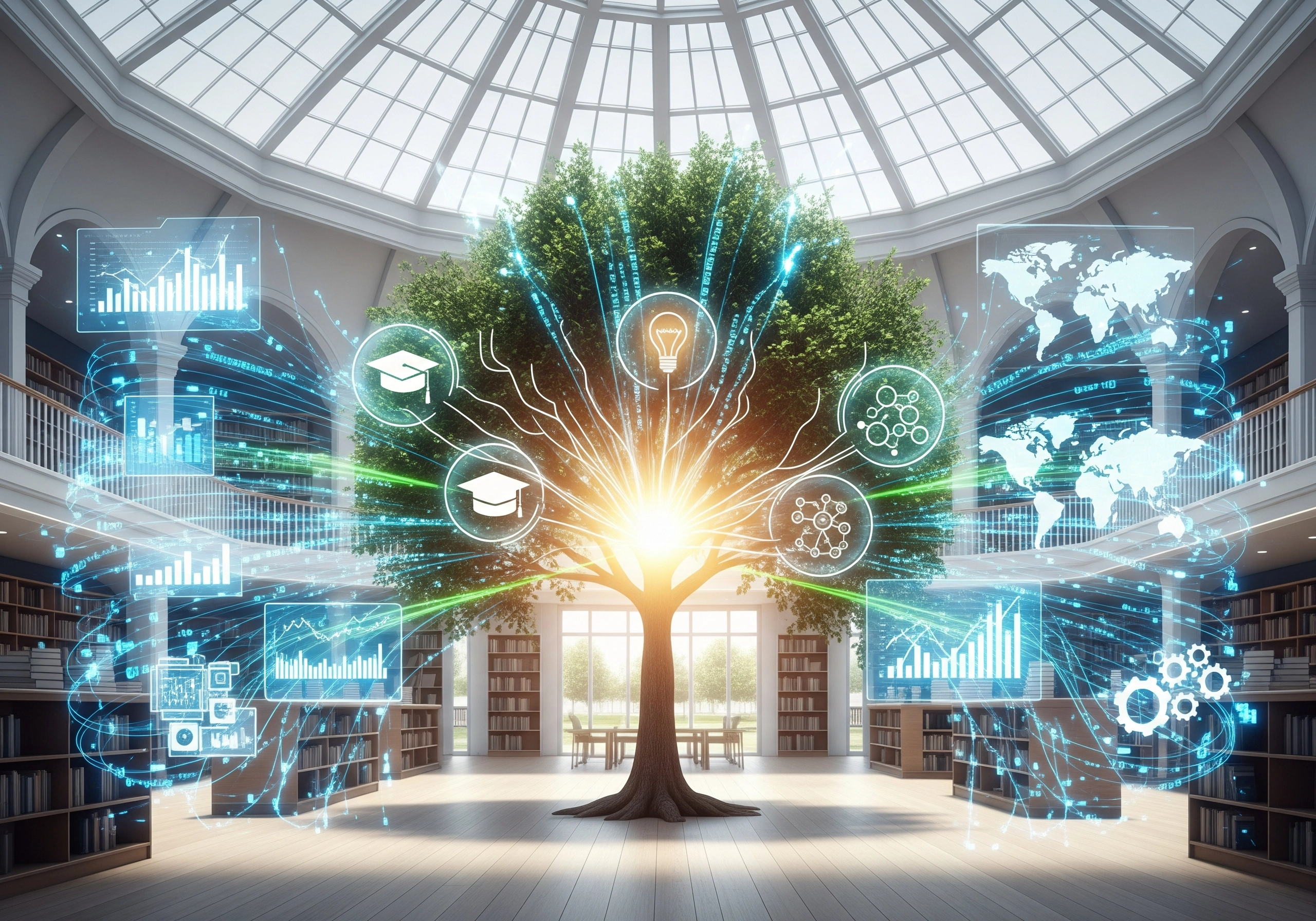 Tree of knowledge in library, representing sustainability ESG certification.