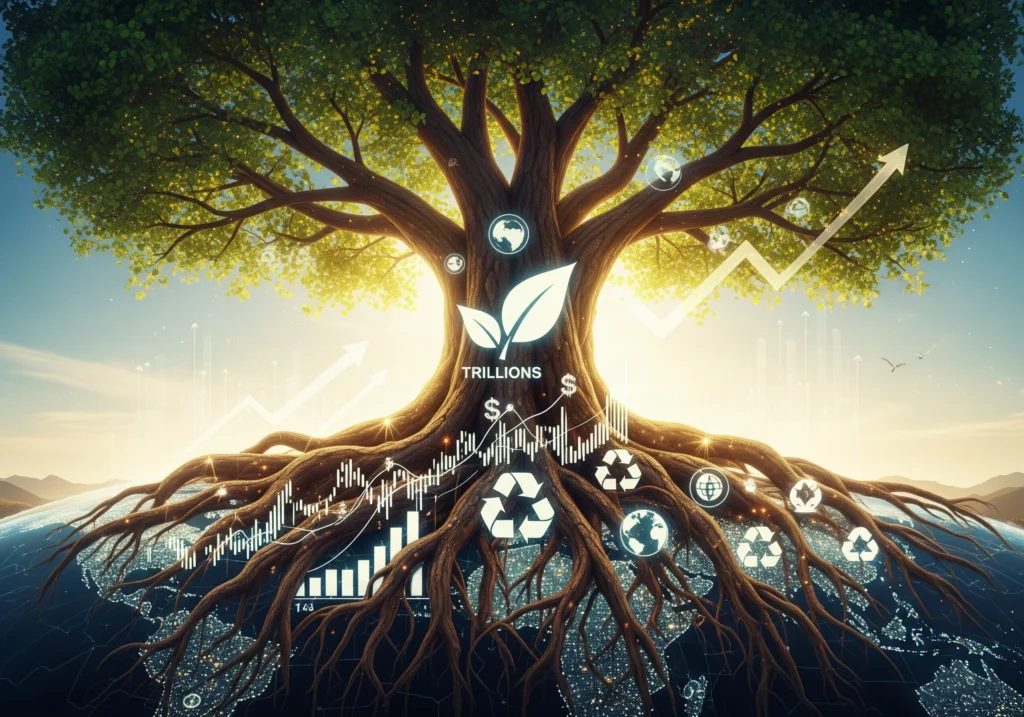 Tree of ESG investing representing trillions in growth, showing ESG certification impact.