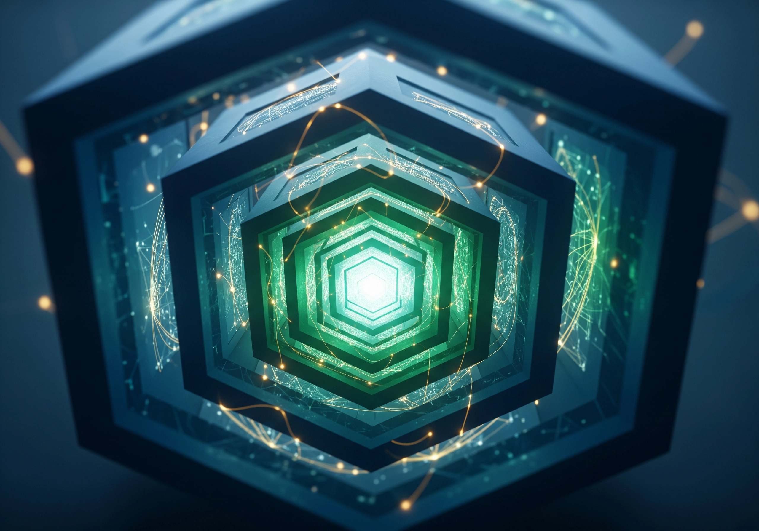 Abstract tunnel of glowing geometric shapes in blue and green.