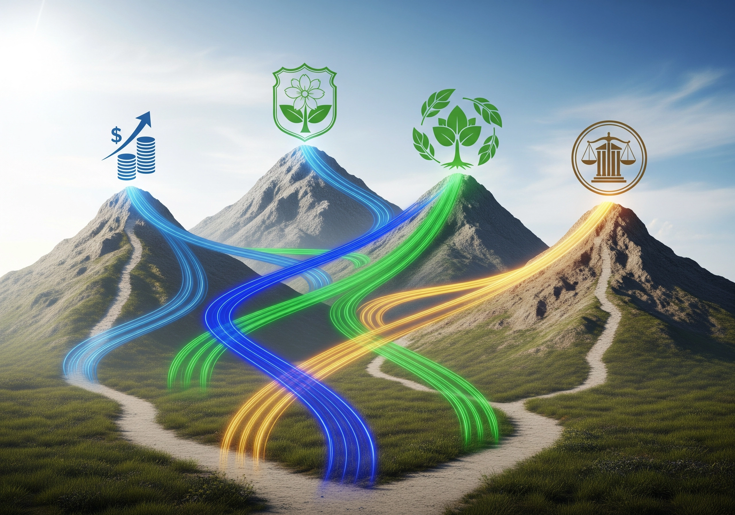 ESG compliance certification represented by mountain paths and sustainability icons.
