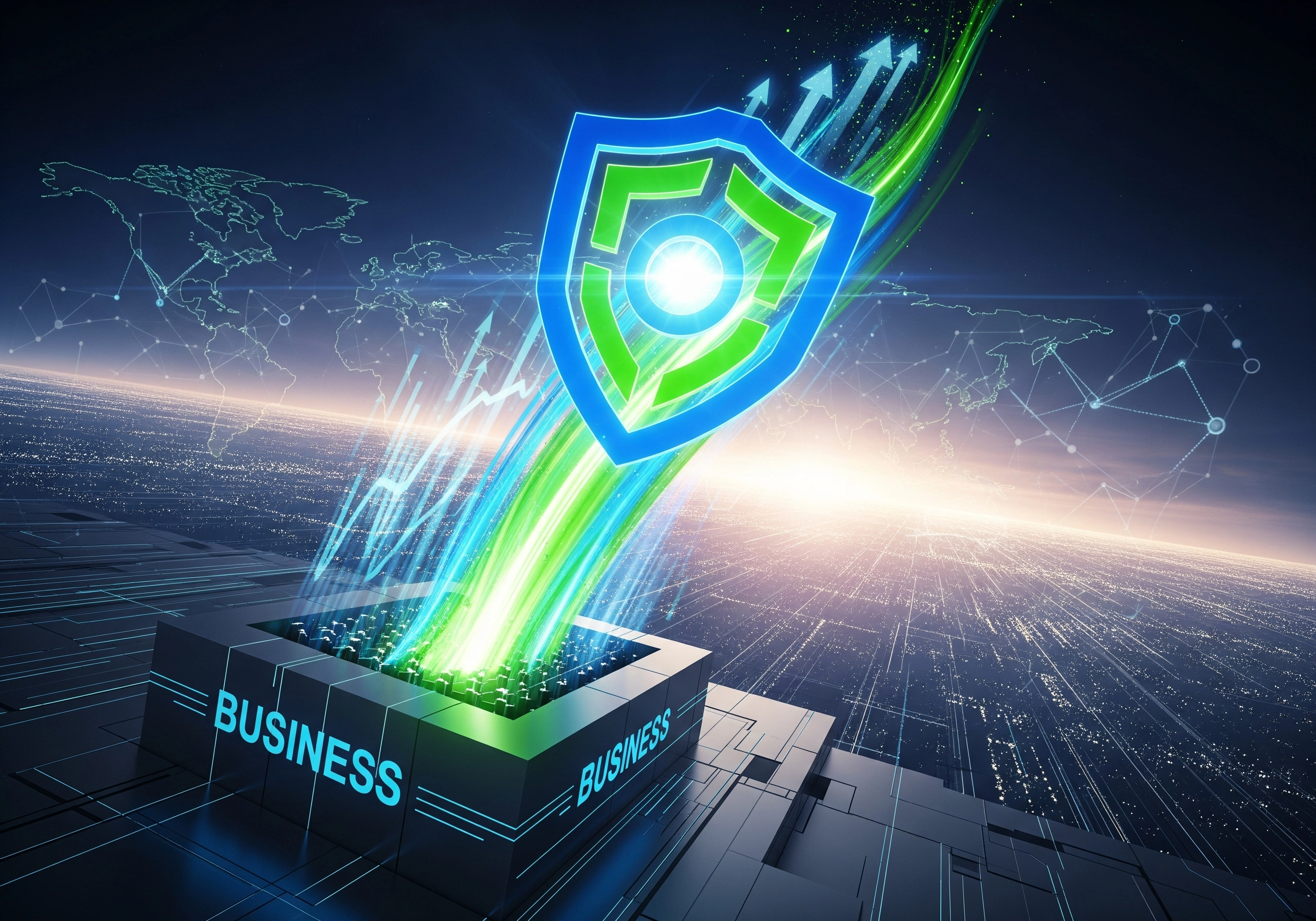 Futuristic shield emerging from a box labeled 'Business', representing ESG compliance.