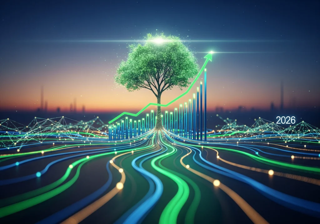 Tree atop upward trending ESG graph for 2026, symbolizing growth through ESG initiatives.
