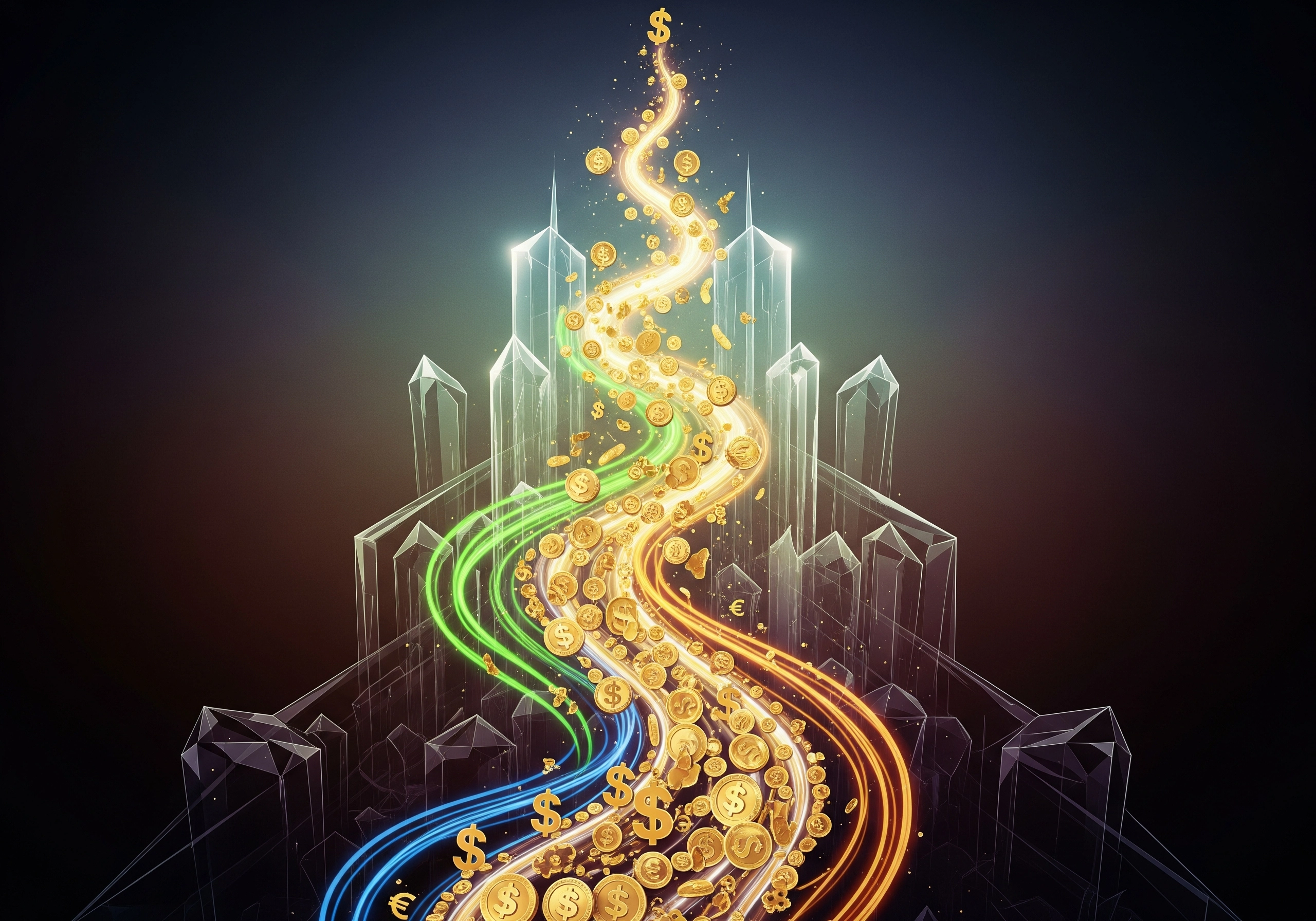 Cascading stream of gold dollar coins with colorful light trails and crystalline structures.