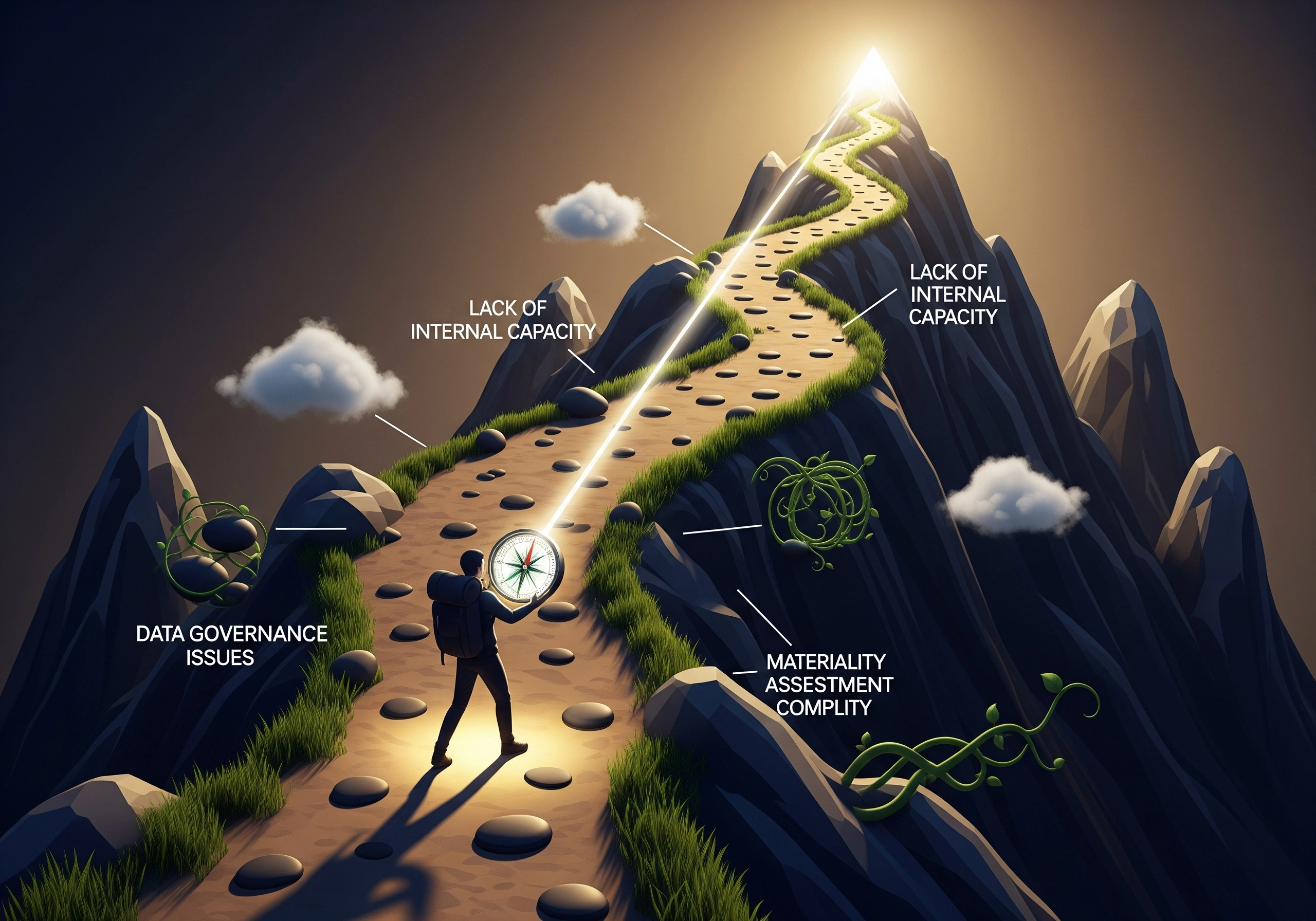 Man with compass on path to peak, illustrating challenges to ESG certification success.