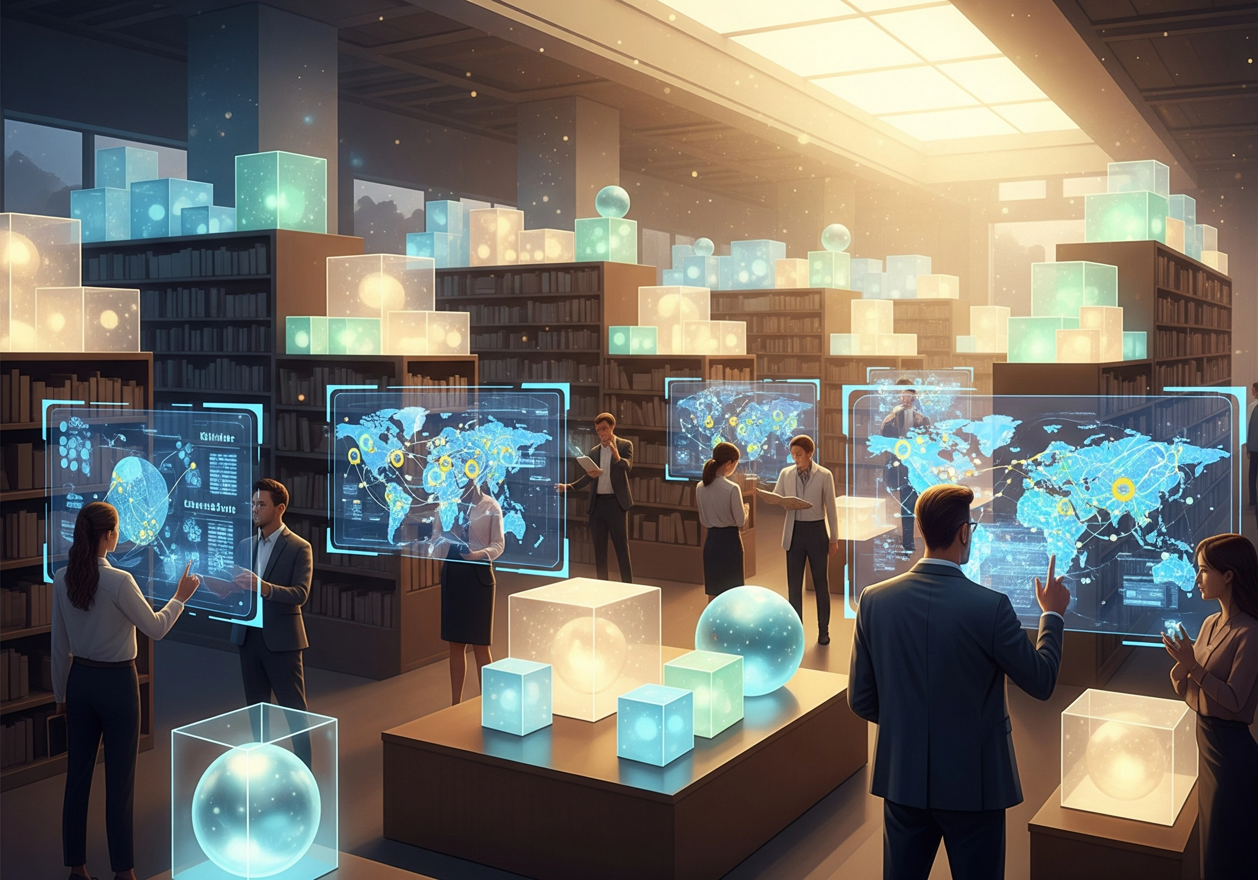 People interacting with data screens in a library, relating to ESG reporting certification.