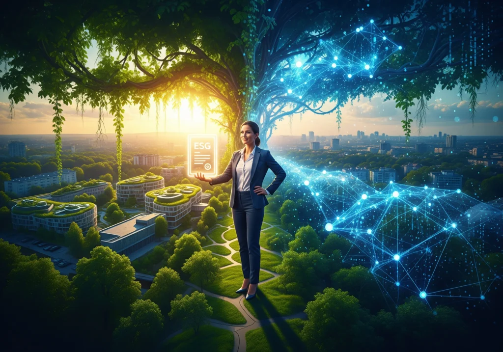 Woman in suit holding a glowing ESG certificate above an eco-friendly city.