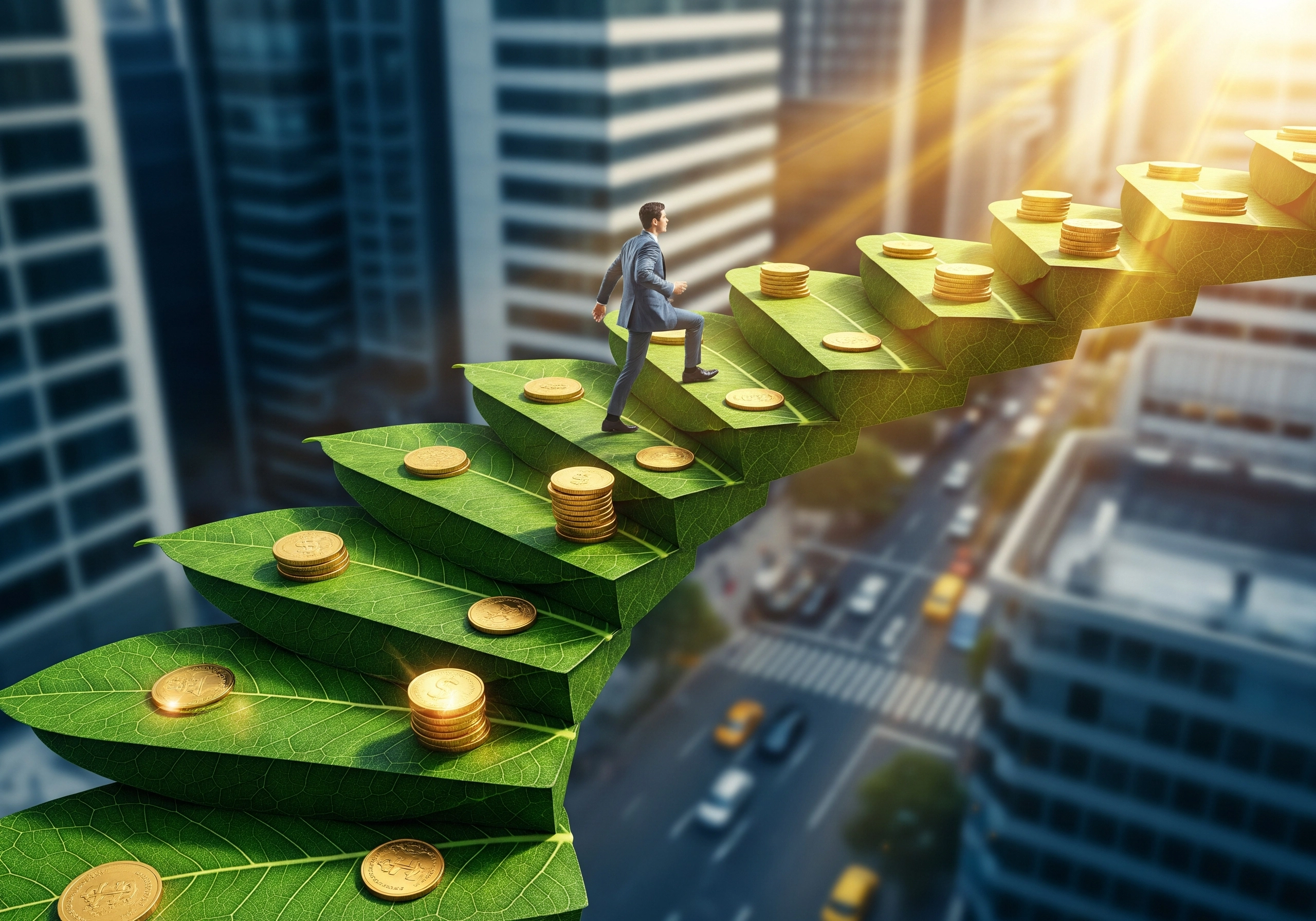 Man climbing leaf stairs with gold coins, symbolizing growth in ESG investing.