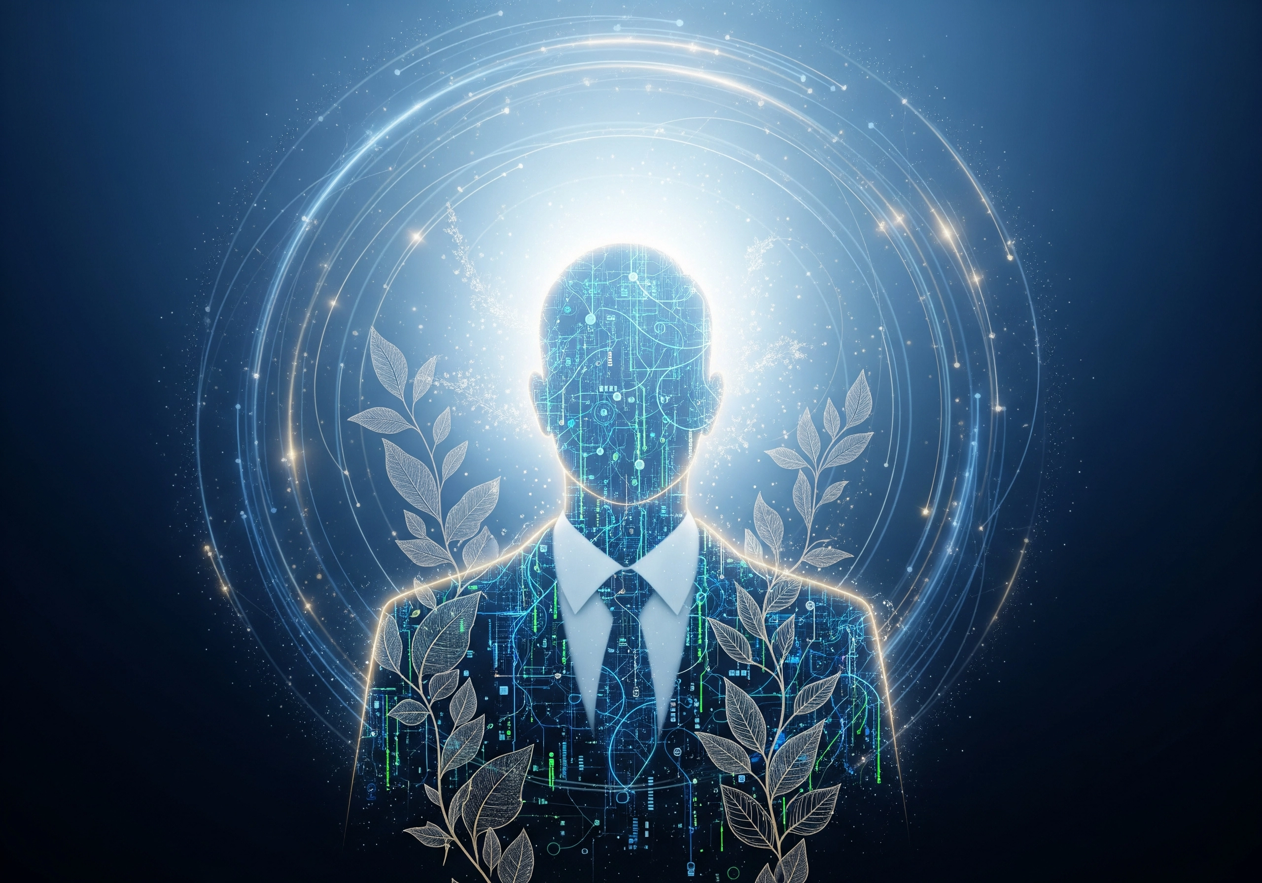 Abstract digital human figure with laurel, representing ESG professional certification.