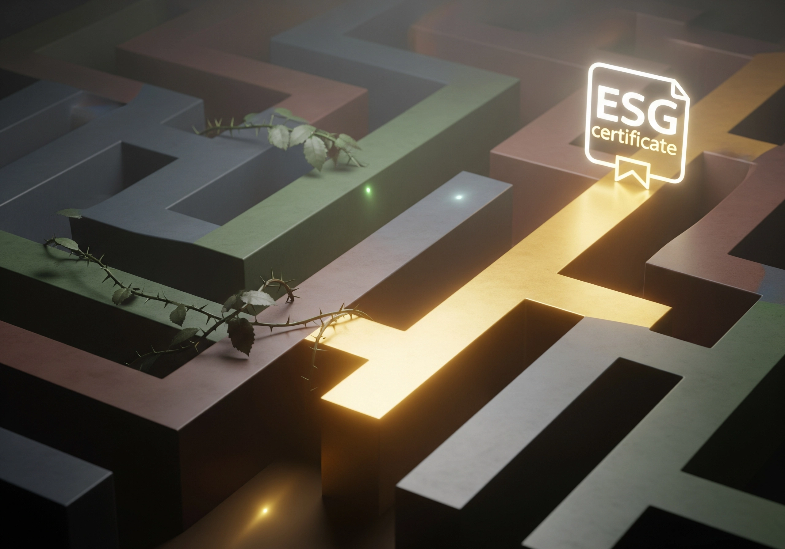 Glowing ESG certificate icon atop a maze, symbolizing the path to ESG certification.