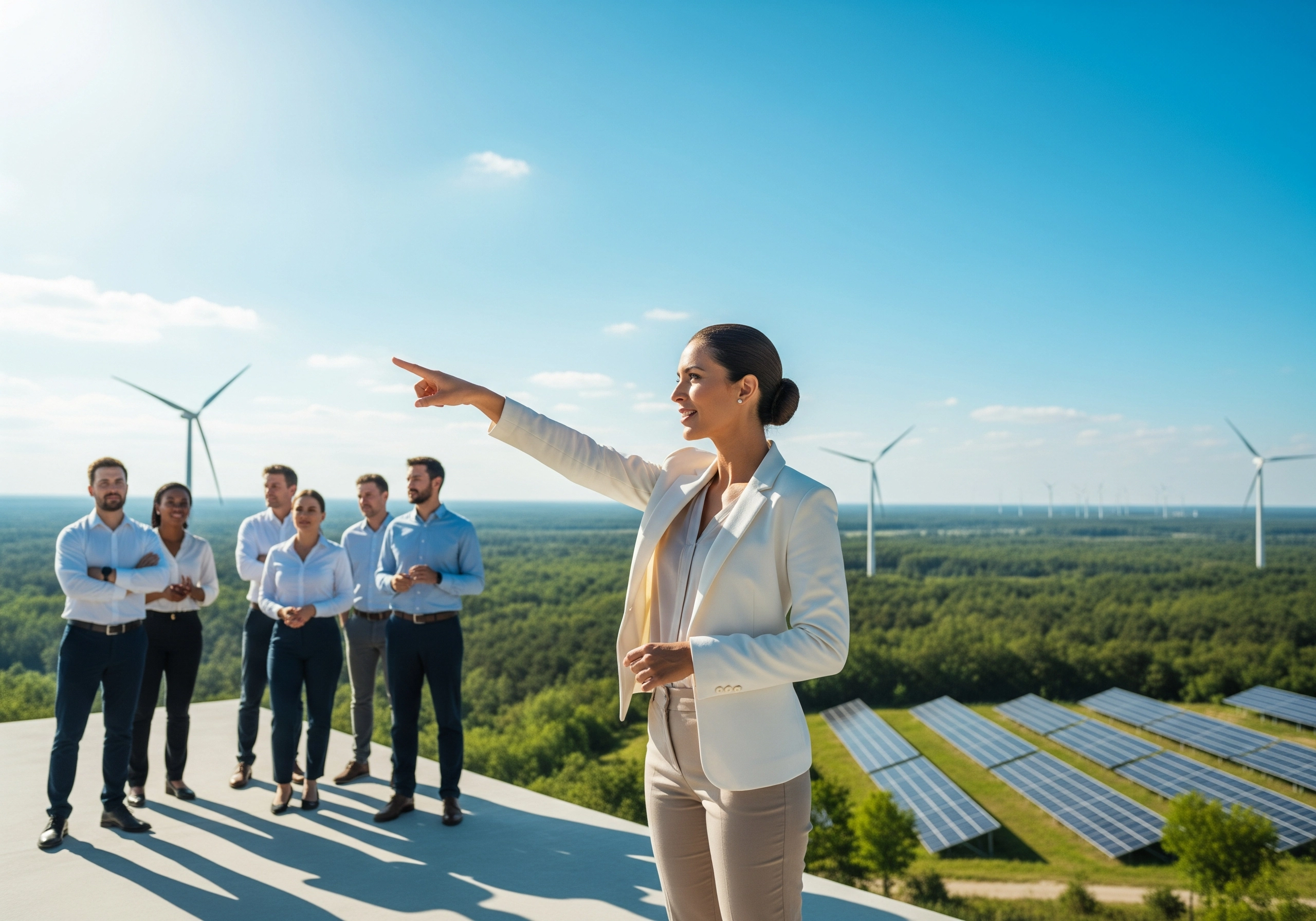ESG professional pointing toward wind turbines and solar panels, promoting ESG qualifications.