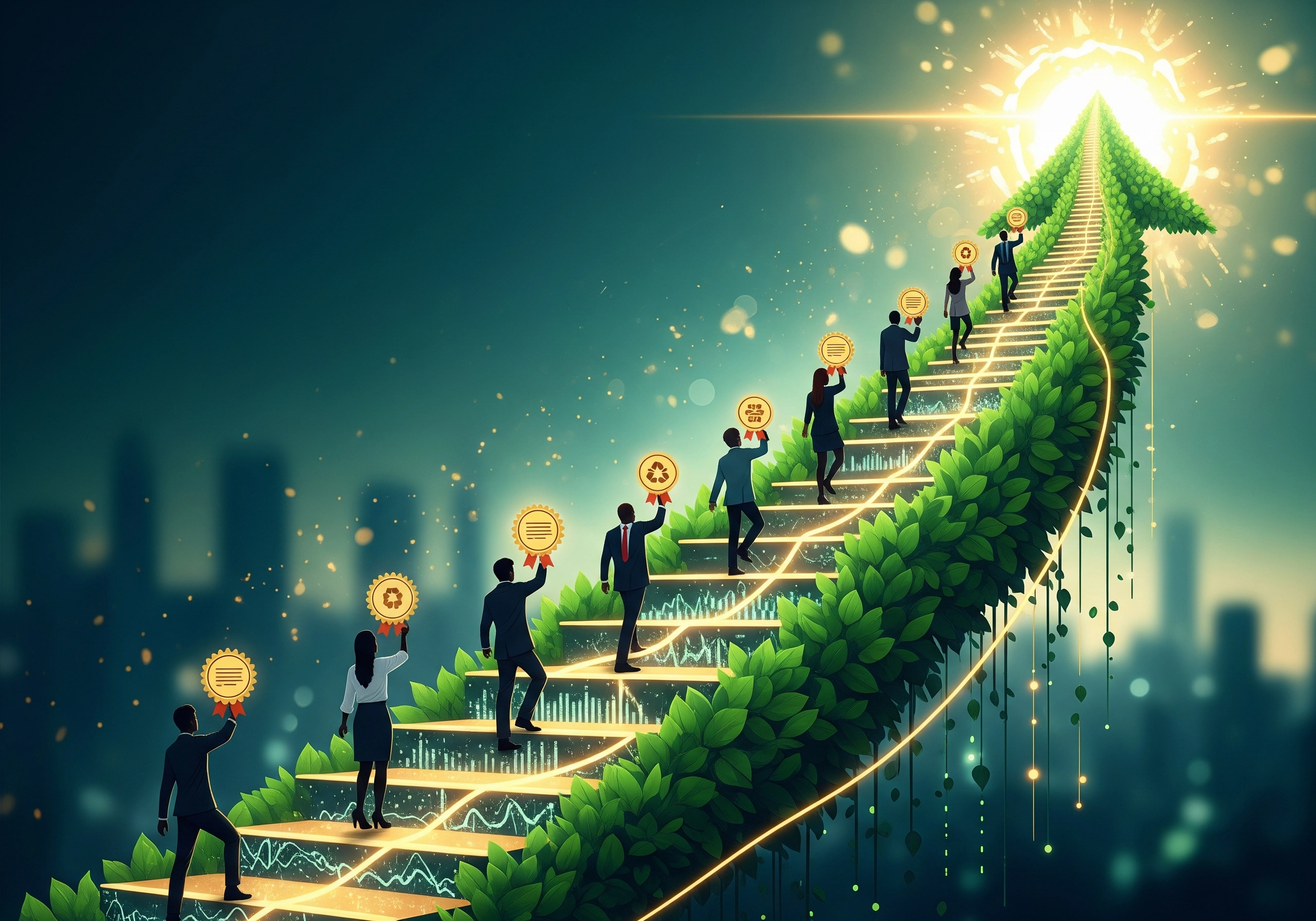 People climbing a green, upward-trending staircase towards ESG certification success.