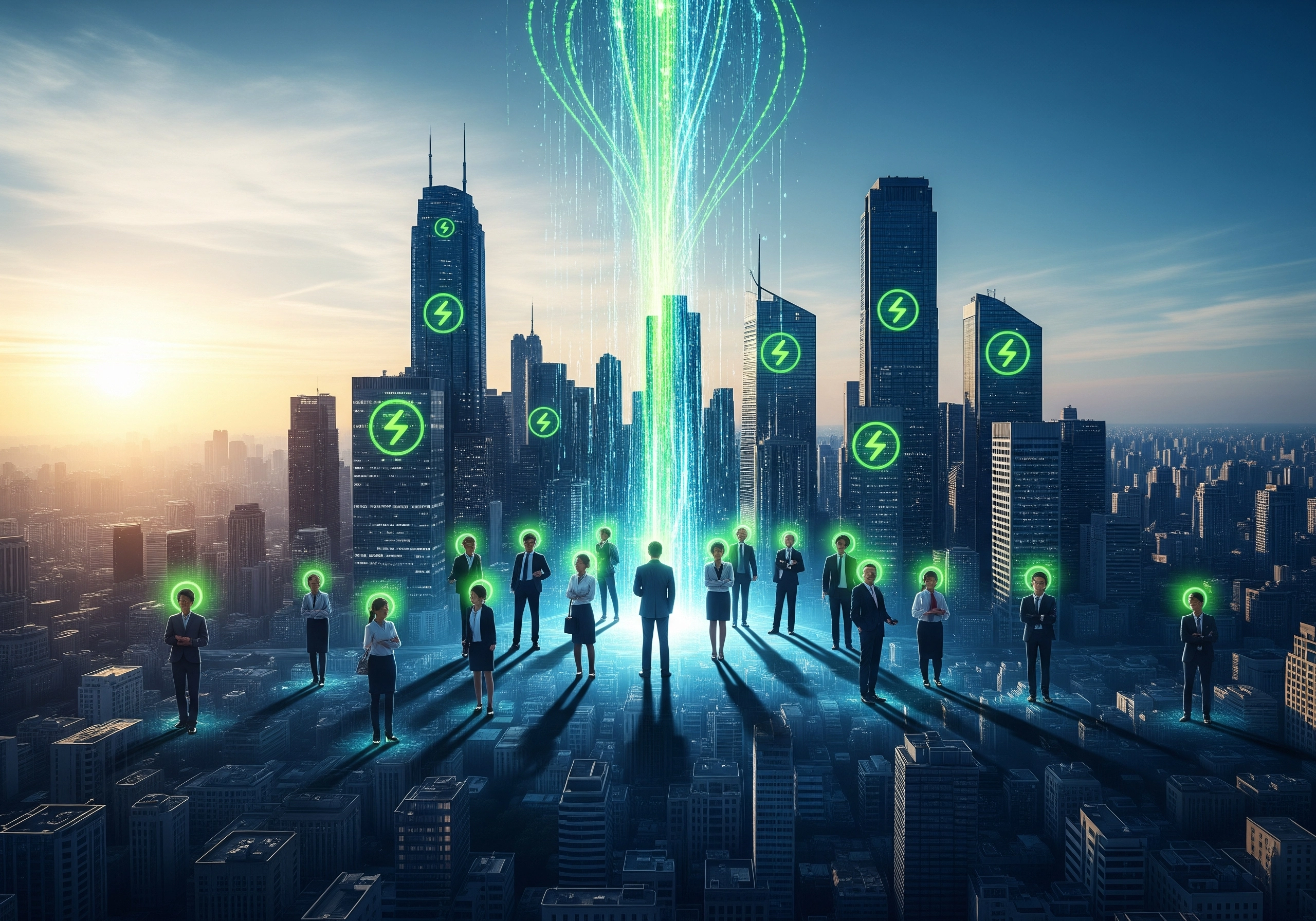 Cityscape with people receiving digital sustainable ESG investing certificate awards.