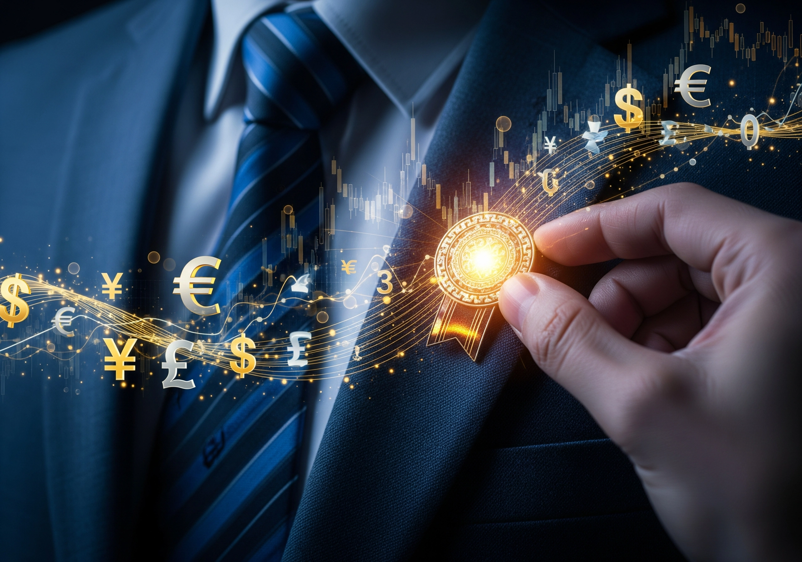 Close-up of hand placing an ESG professional certification badge on a suit.