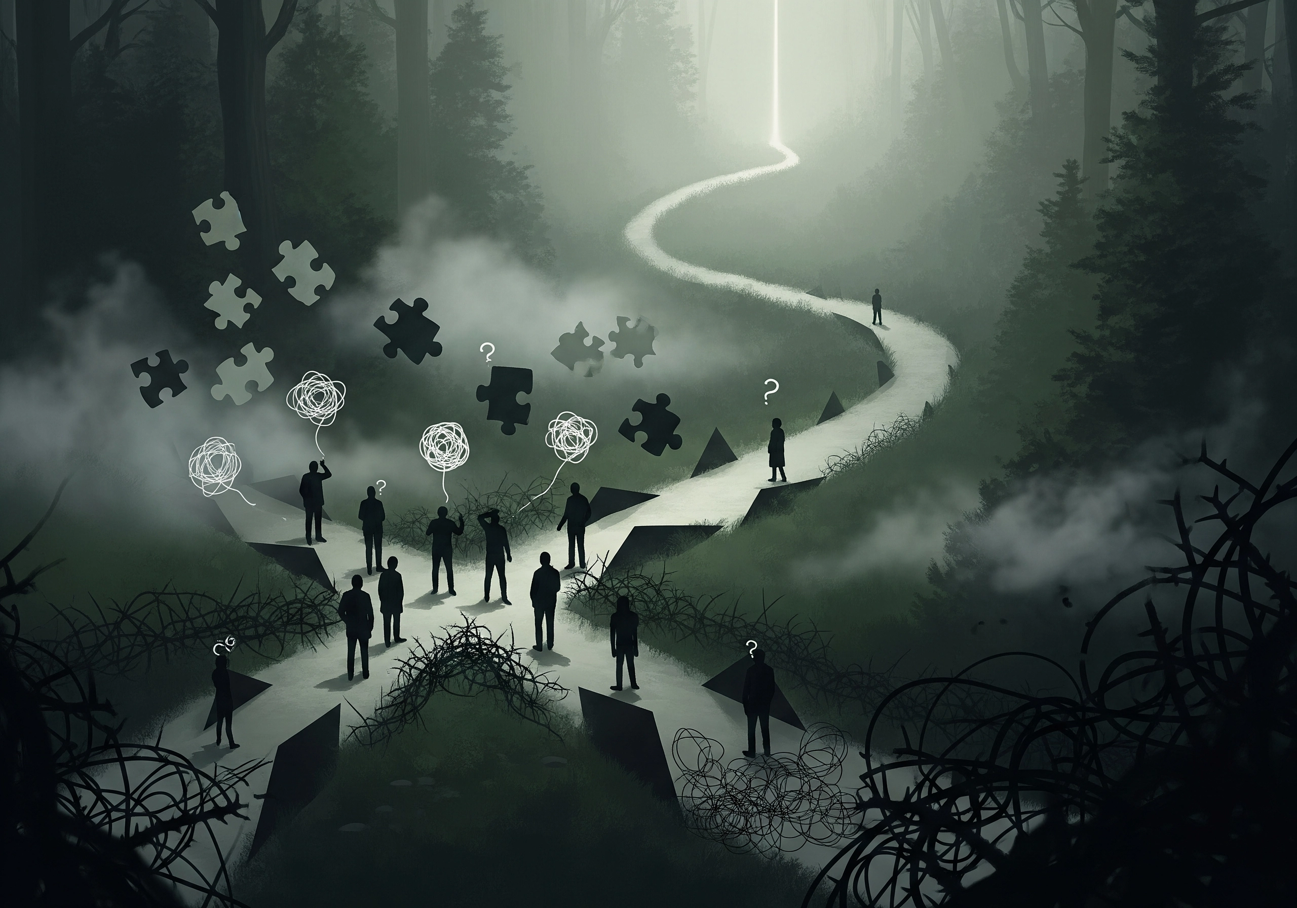 Silhouetted figures at a crossroads pondering puzzle pieces, symbolizing decisions for ESG certification.