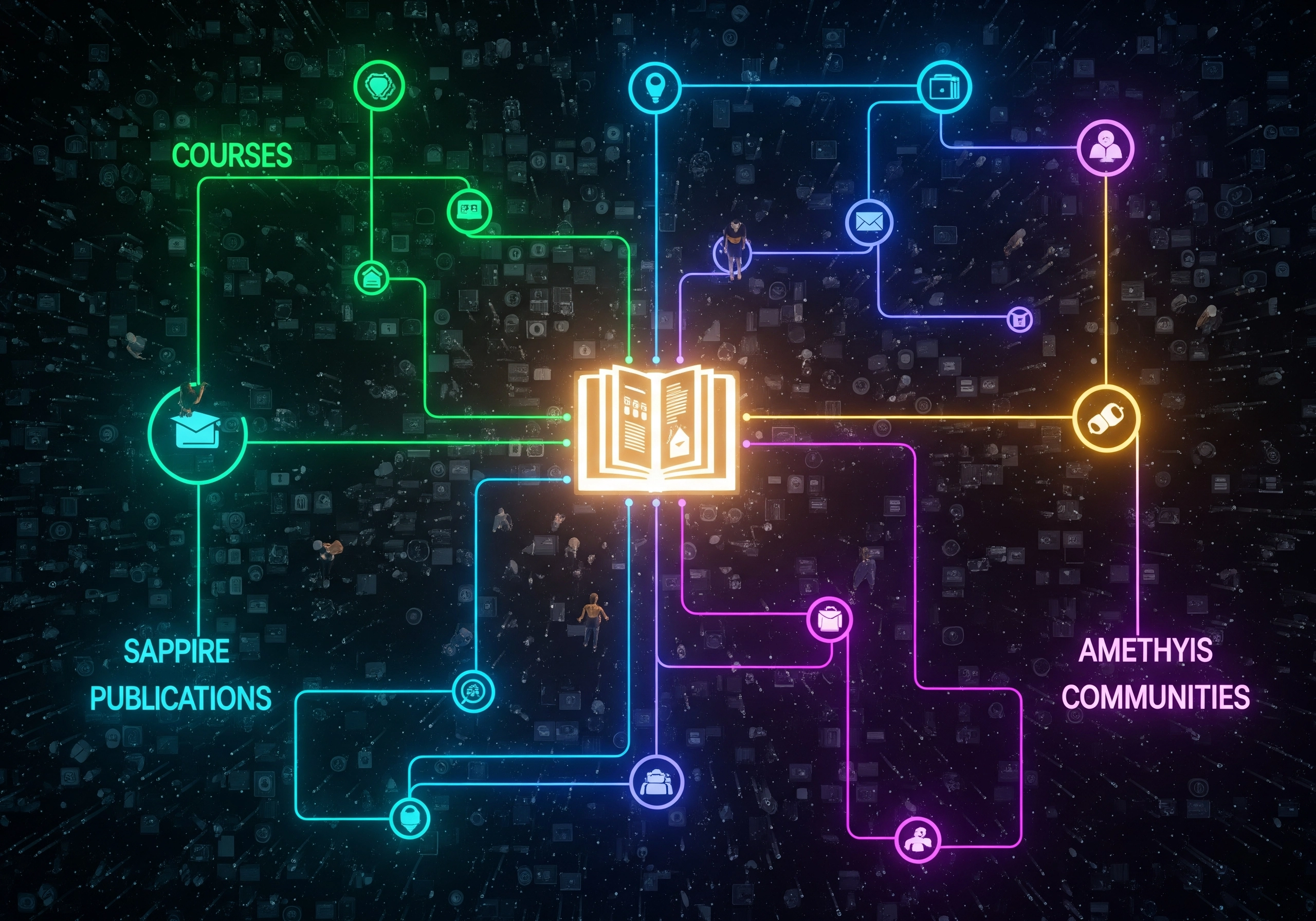 Neon graphic displaying ESG certification courses, publications, and community connections.