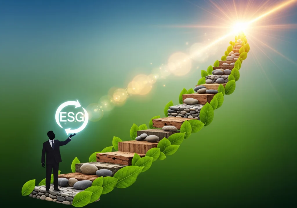 Man holding glowing ESG icon beside a stairway to light, symbolizing ESG certification benefits.