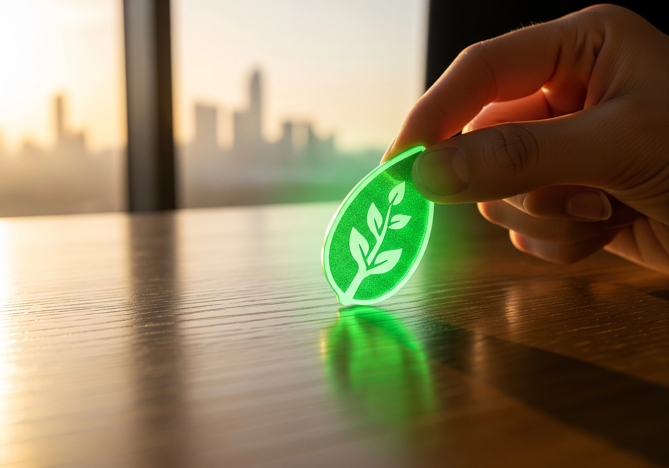Hand placing green leaf icon, representing sustainable investing certification and ESG principles.
