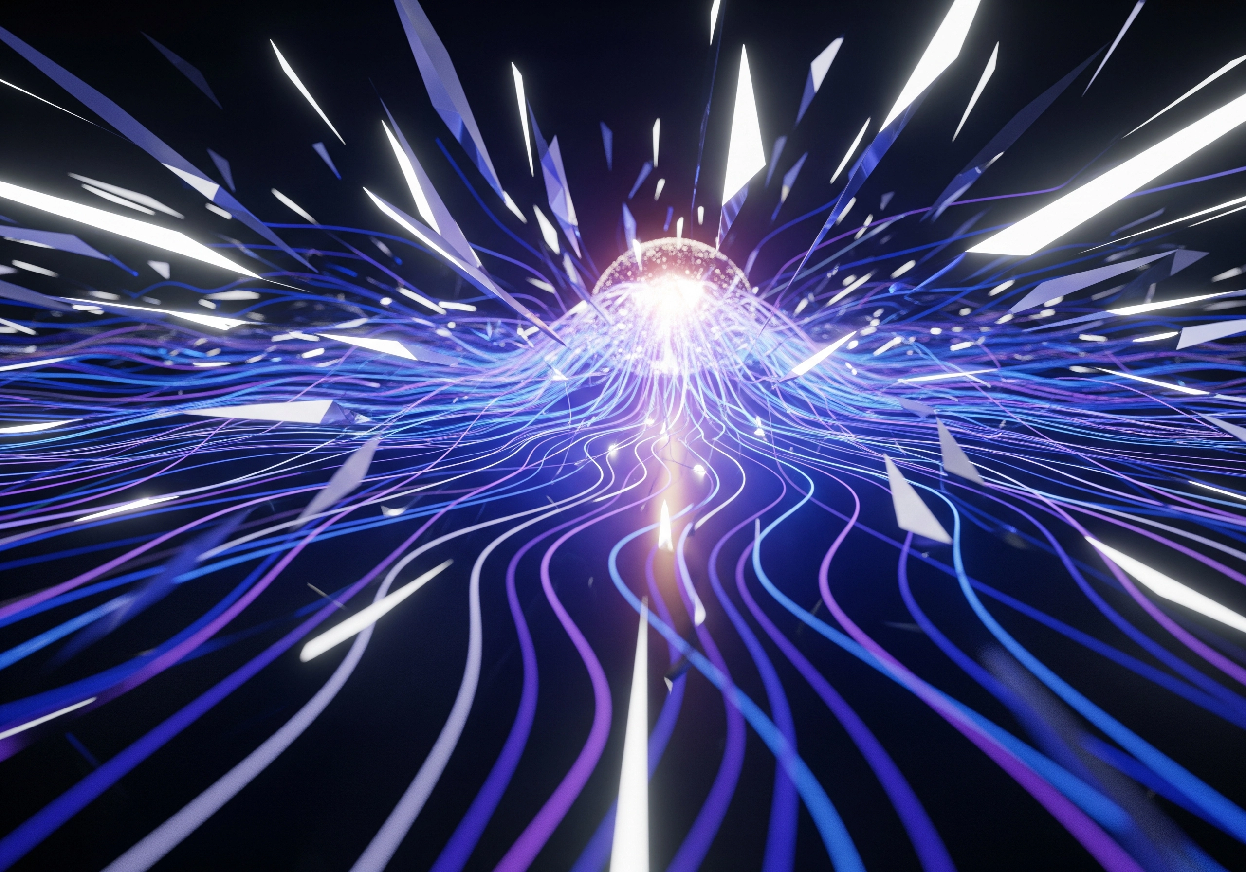 Abstract sphere with radiating blue and white lines on a dark background.