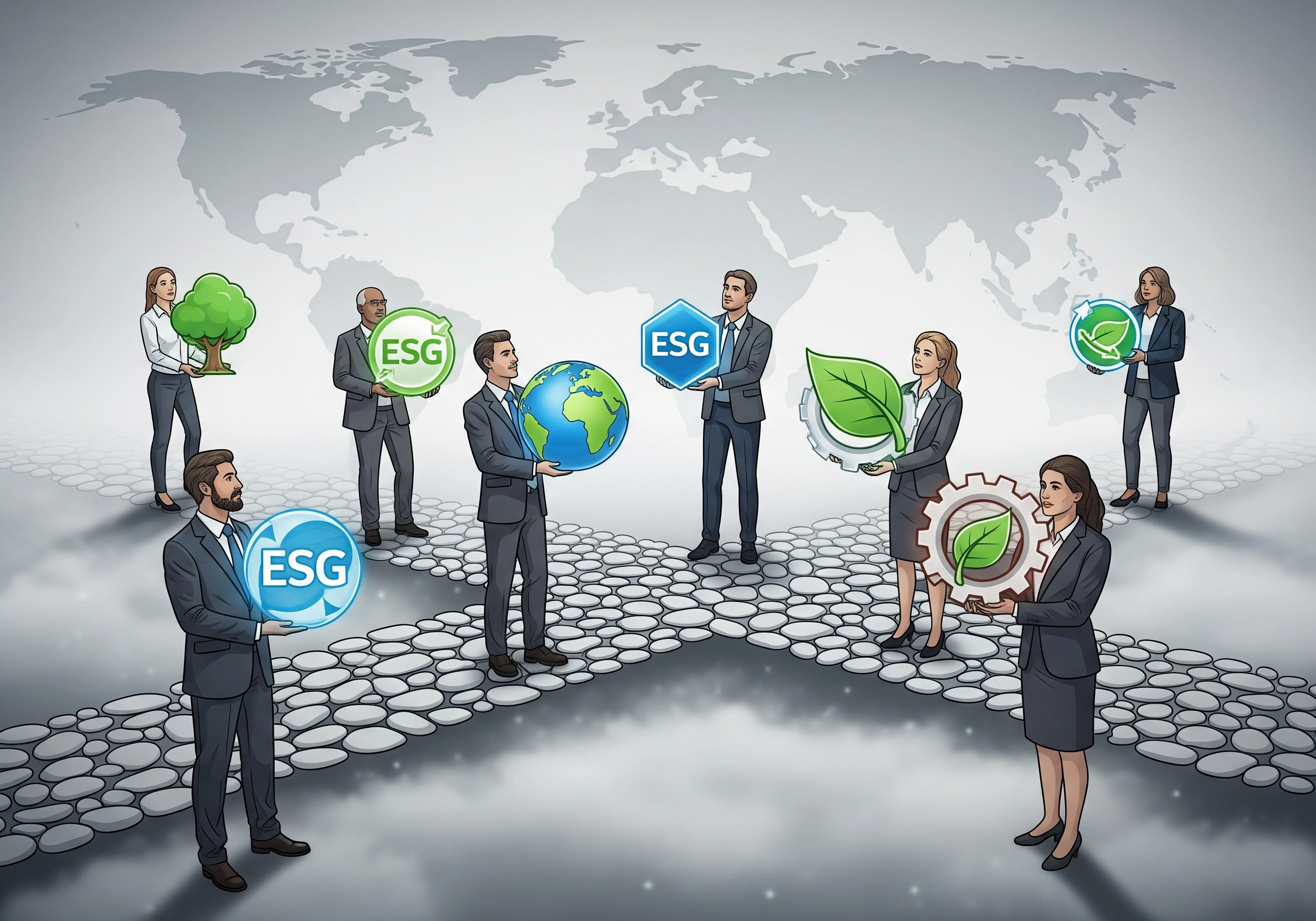 People holding ESG icons around a globe illustration, representing ESG certification benefits.