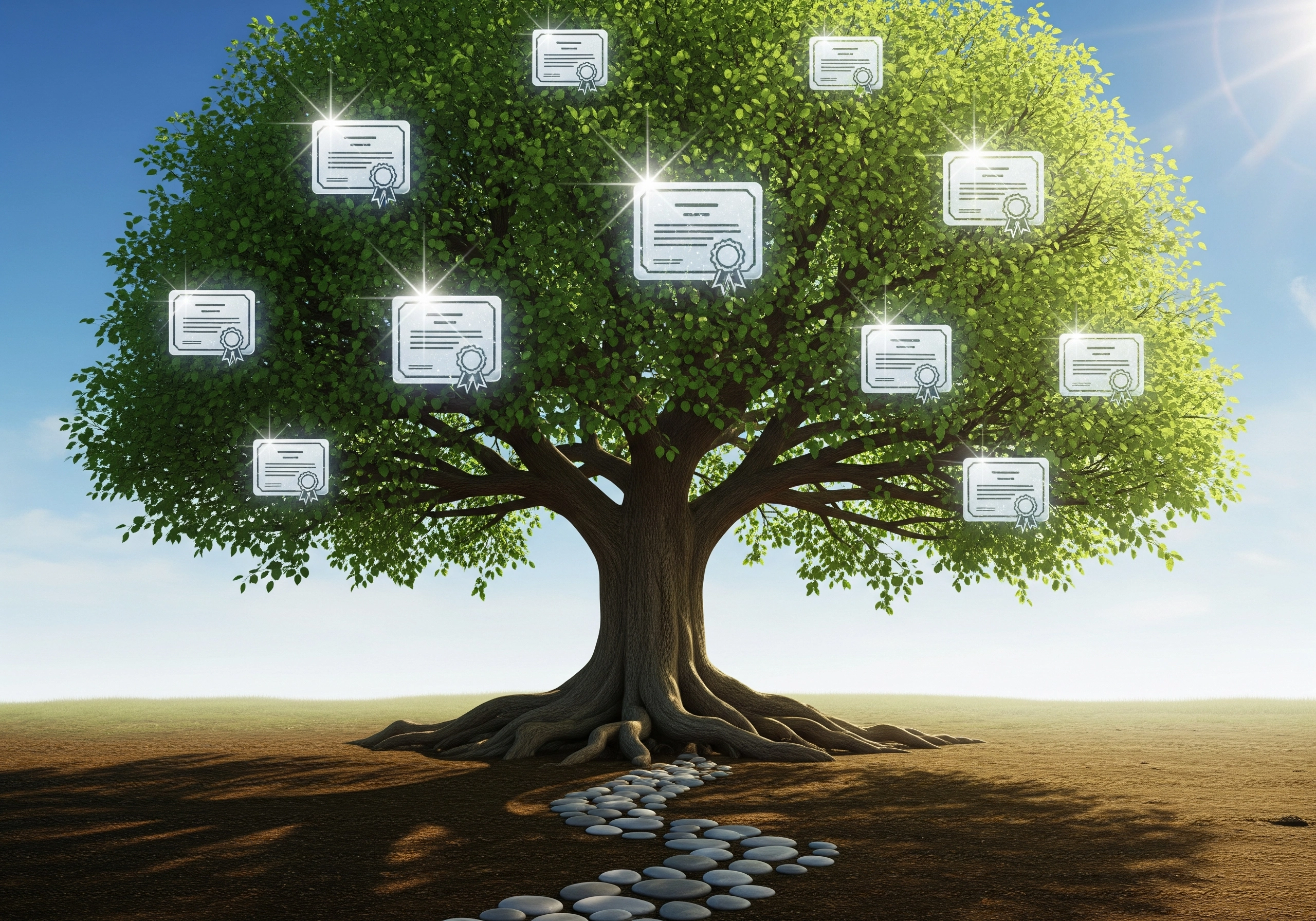 Tree with certificate icons symbolizing growth through ESG professional certification.