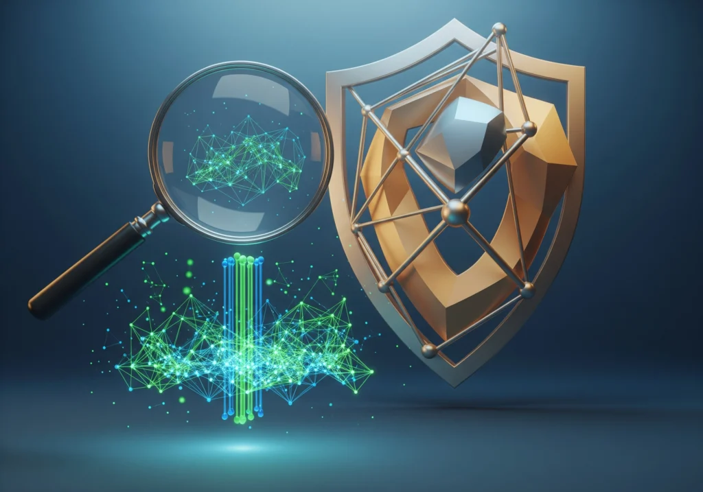 Magnifying glass over network, gold shield symbolizing company ESG verification.
