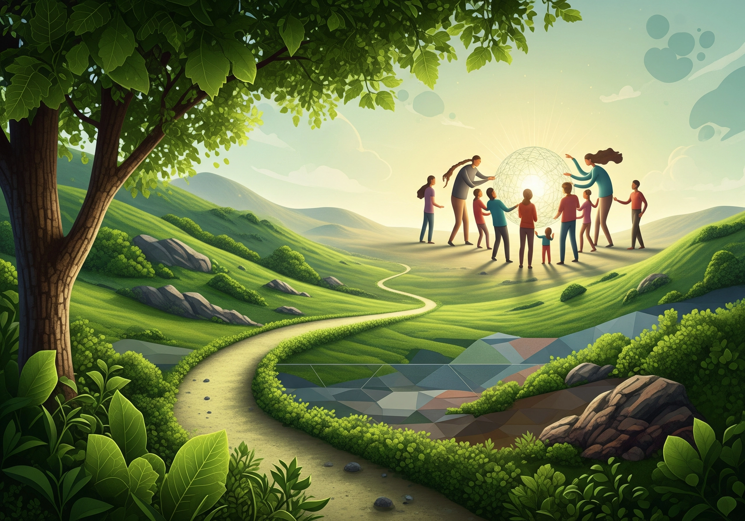 People encircling glowing sphere atop green hill, symbolizing ESG sustainability certification.