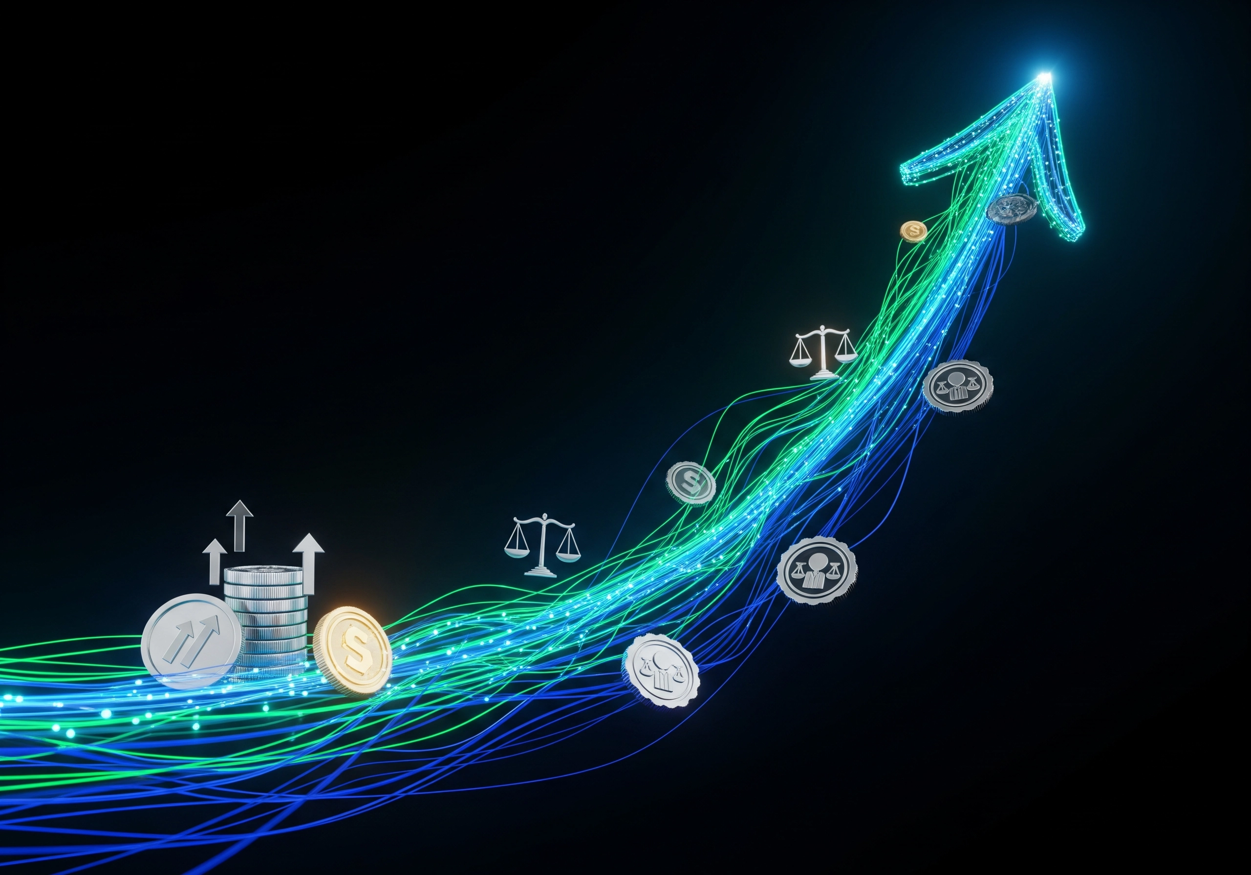 Upward arrow with coins, scales symbolizing growth through ESG compliance certification.